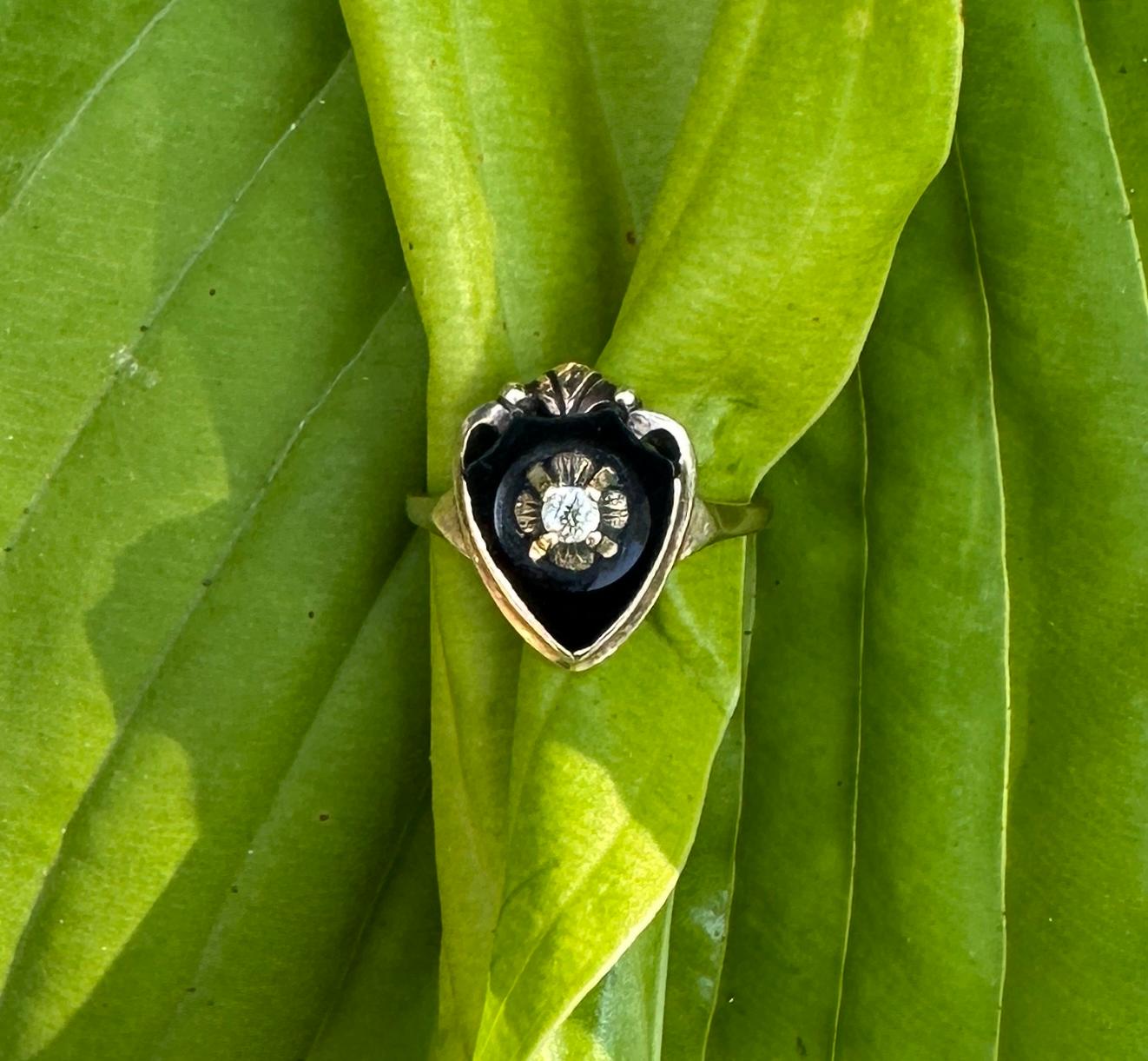 Old Mine Cut Art Deco Old Mine Diamond Black Onyx Heart Shield Ring Yellow Gold For Sale