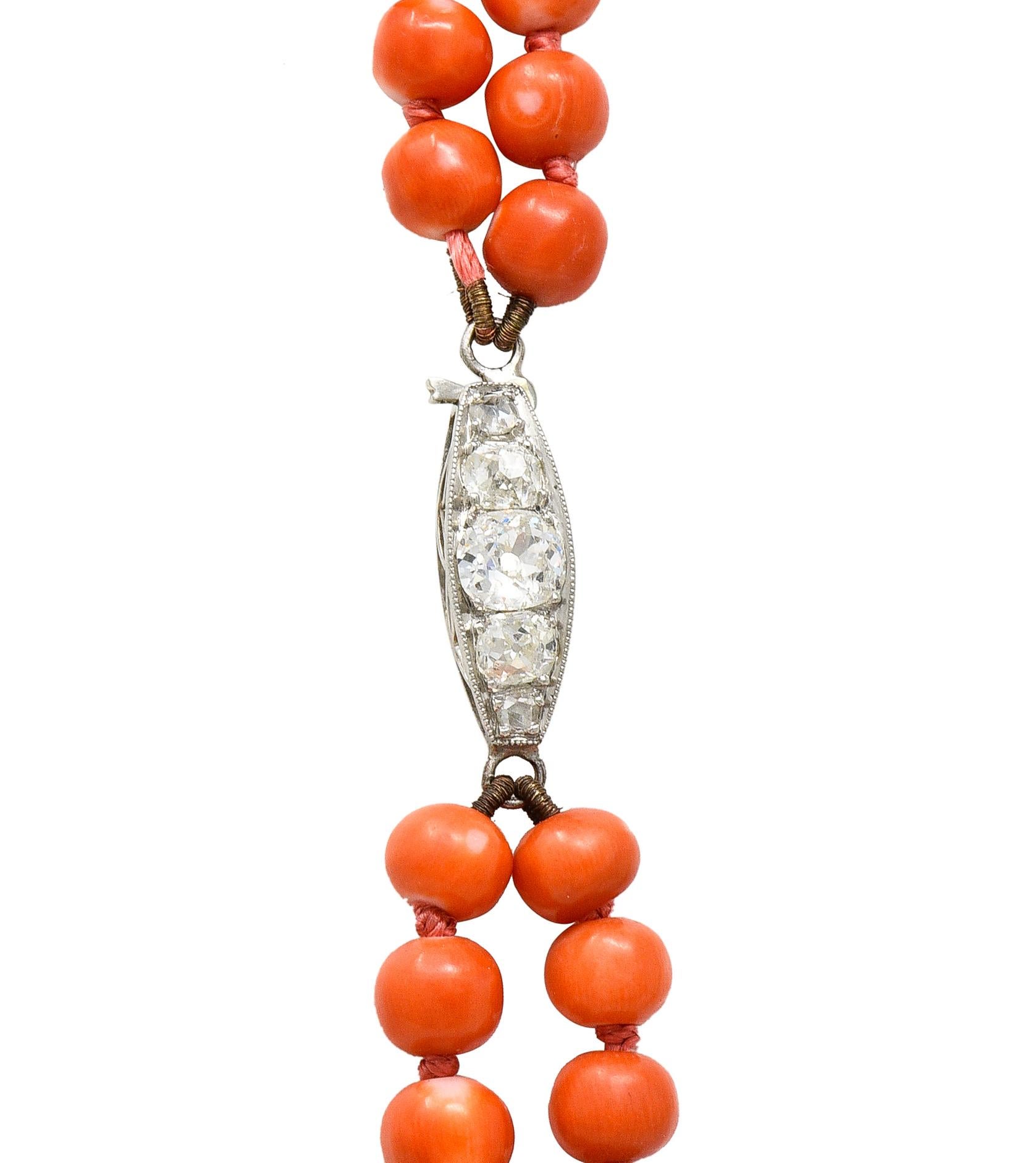 Art Deco Old Mine Diamond Coral Platinum Layered Bead Multi Strand Necklace 5