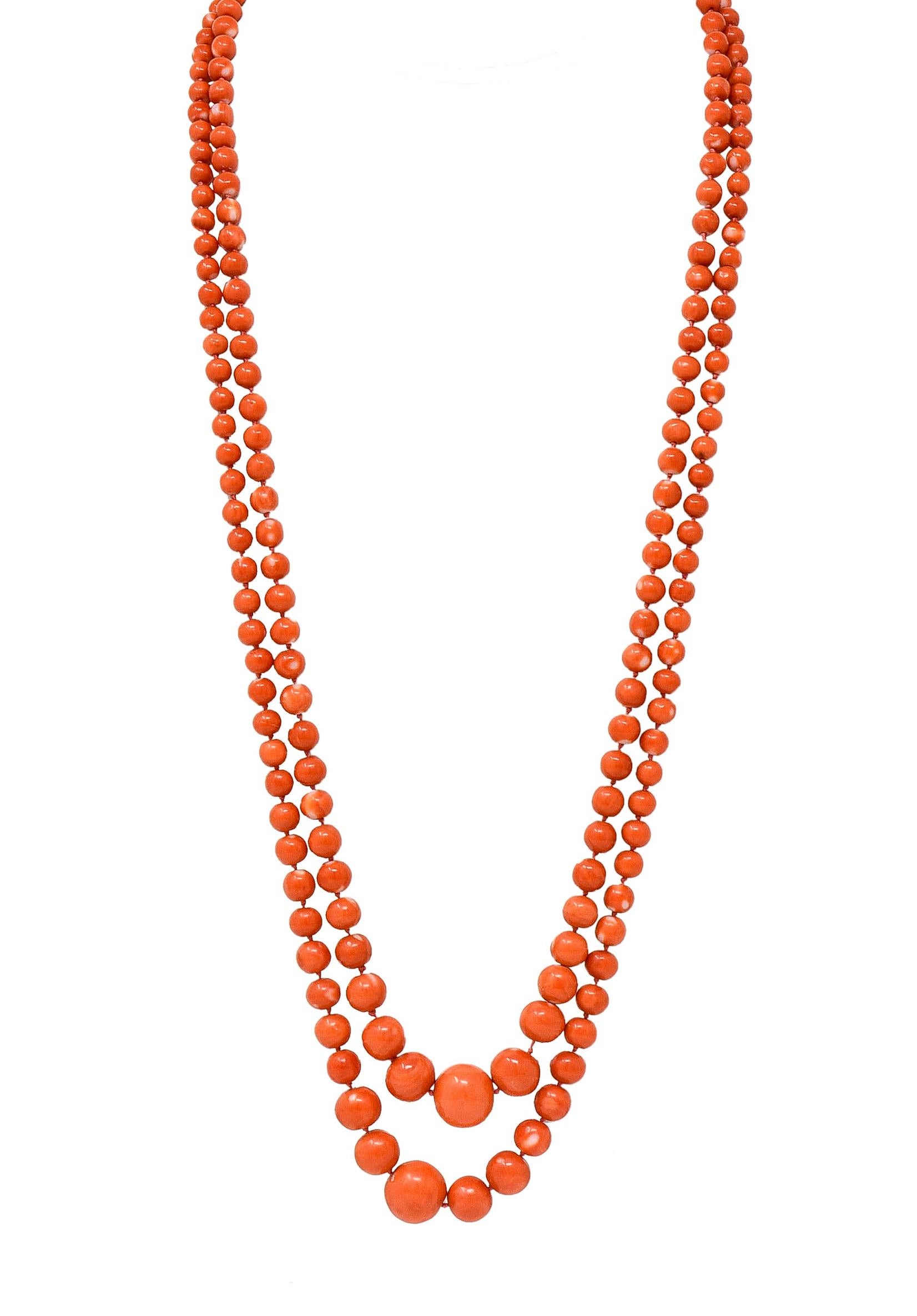 Art Deco Old Mine Diamond Coral Platinum Layered Bead Multi Strand Necklace In Excellent Condition In Philadelphia, PA