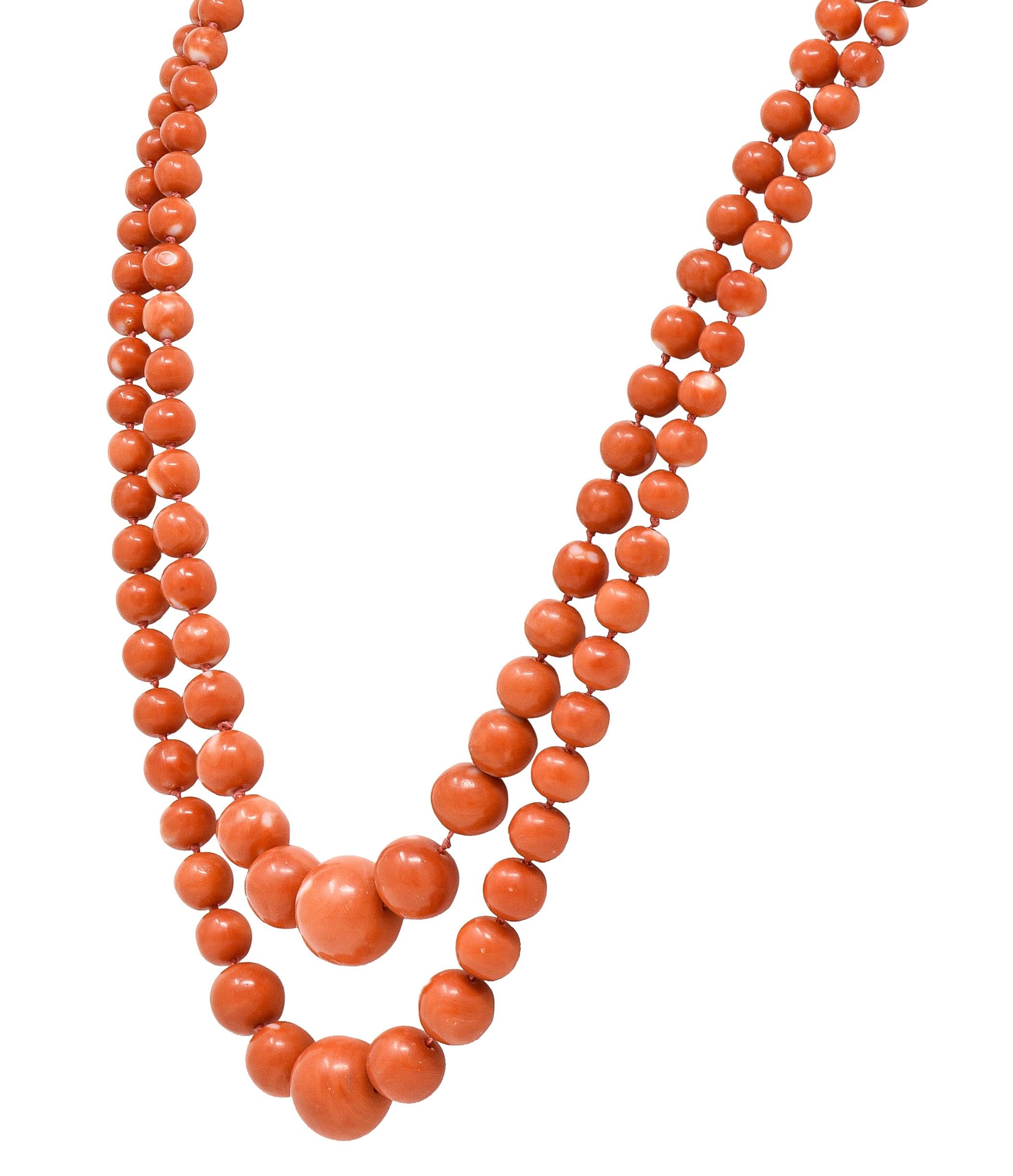 Women's or Men's Art Deco Old Mine Diamond Coral Platinum Layered Bead Multi Strand Necklace