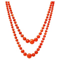 Art Deco Old Mine Diamond Coral Platinum Layered Bead Multi Strand Necklace