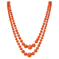 Collier Art Déco Old Mine Diamond Coral Platinum Layered Bead Multi Strand