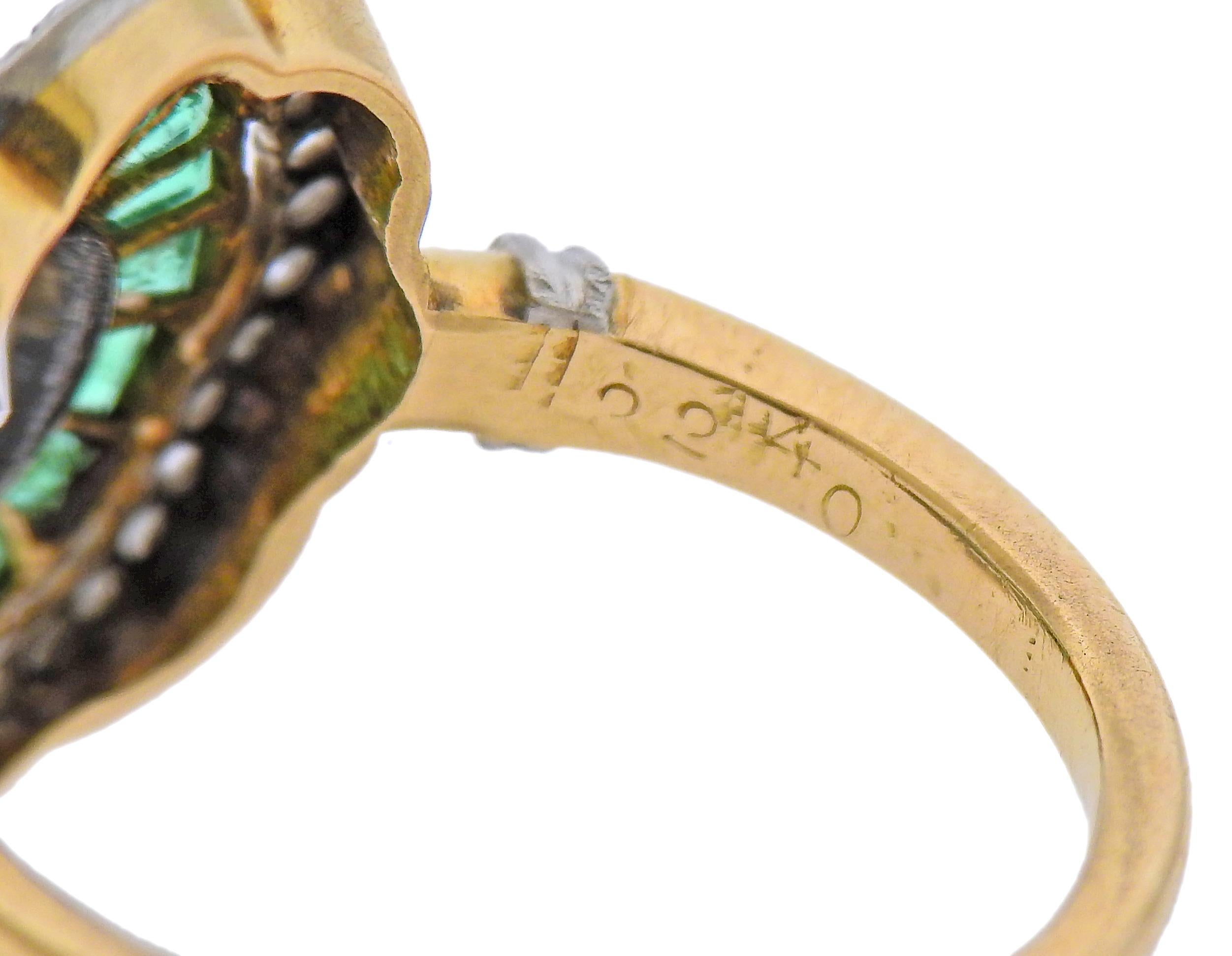 Old Mine Cut Art Deco Old Mine Diamond Emerald Gold Ring For Sale