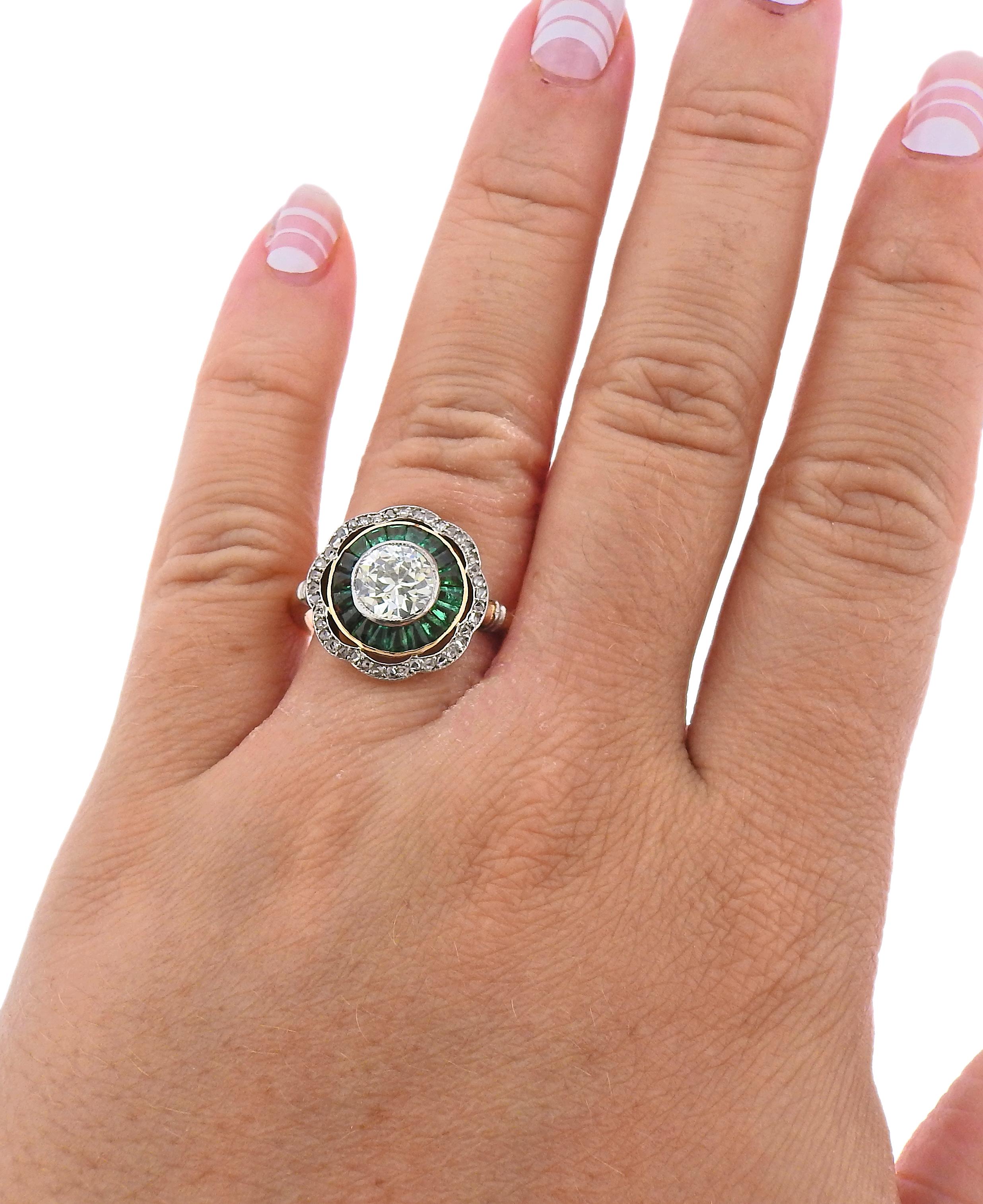 Women's Art Deco Old Mine Diamond Emerald Gold Ring For Sale