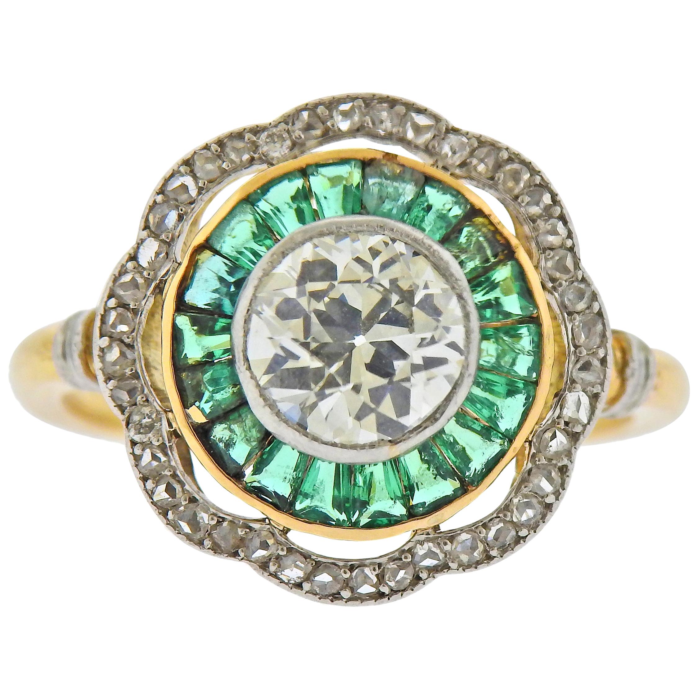 Art Deco Old Mine Diamond Emerald Gold Ring For Sale