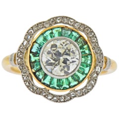 Vintage Art Deco Old Mine Diamond Emerald Gold Ring