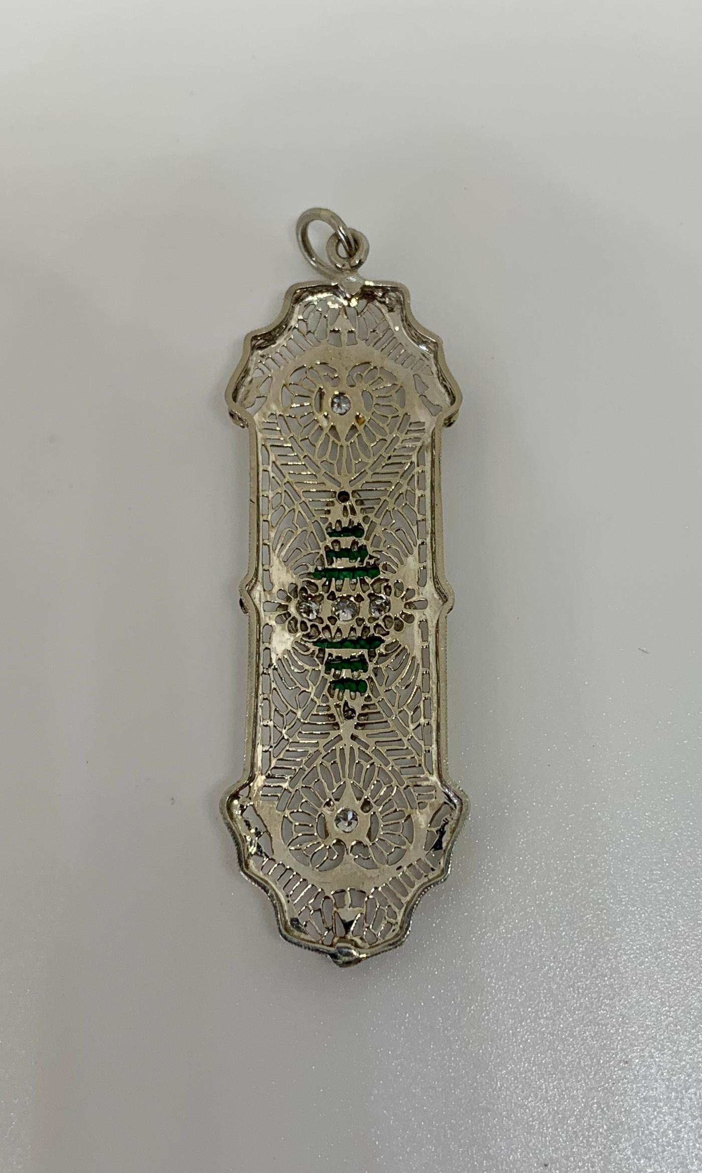 Art Deco Old Mine Diamond Emerald Pendant Necklace Filigree 14K White Gold For Sale 1