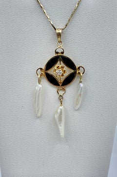 Art Deco Old Mine Diamond Enamel Pearl Pendant Lavaliere 14 Karat Gold Necklace