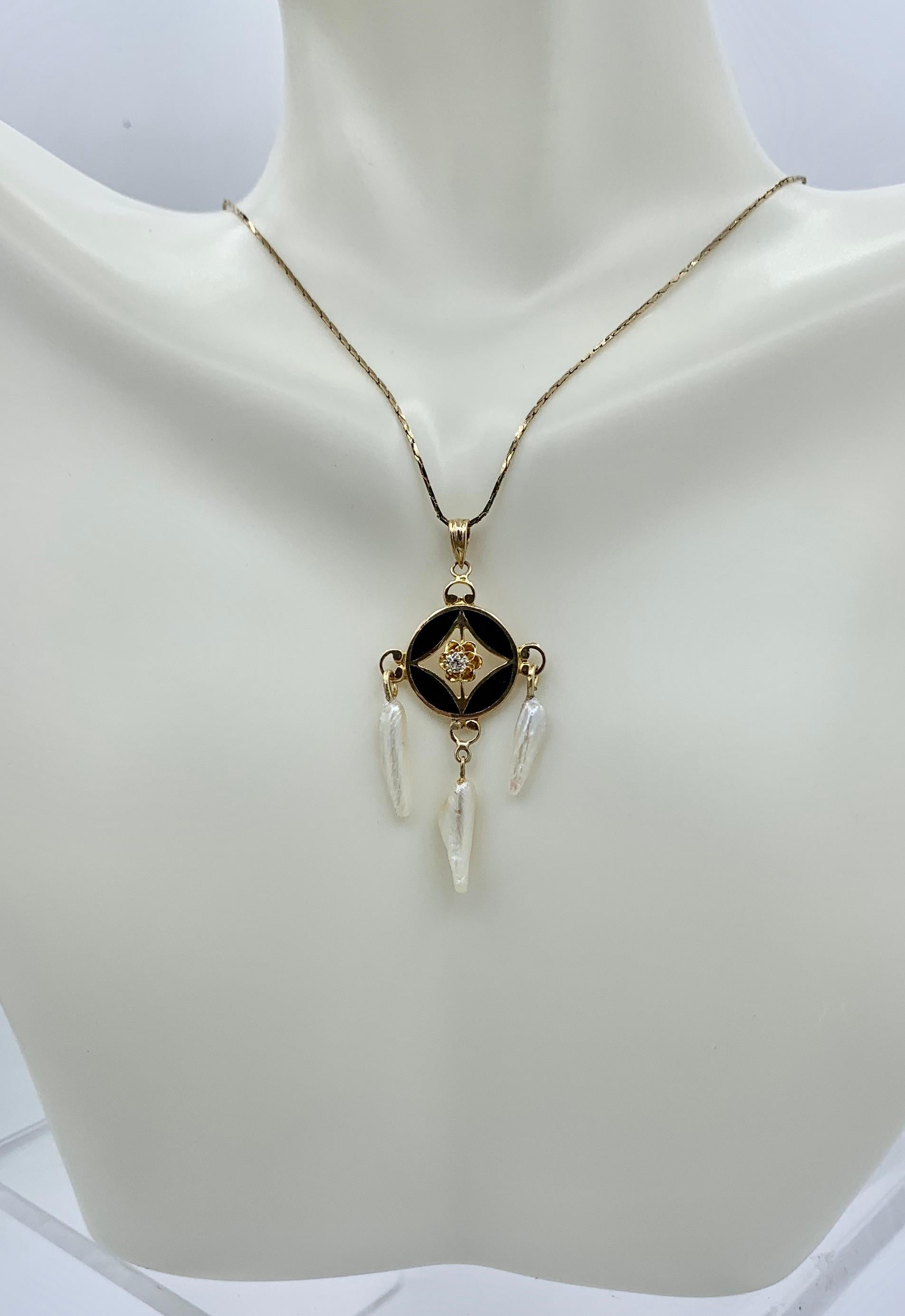 Art Deco Old Mine Diamond Enamel Pearl Pendant Lavaliere 14 Karat Gold Necklace In Excellent Condition For Sale In New York, NY