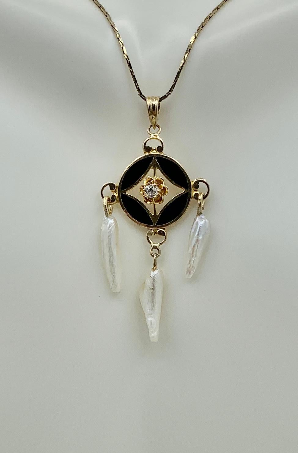 Women's Art Deco Old Mine Diamond Enamel Pearl Pendant Lavaliere 14 Karat Gold Necklace For Sale
