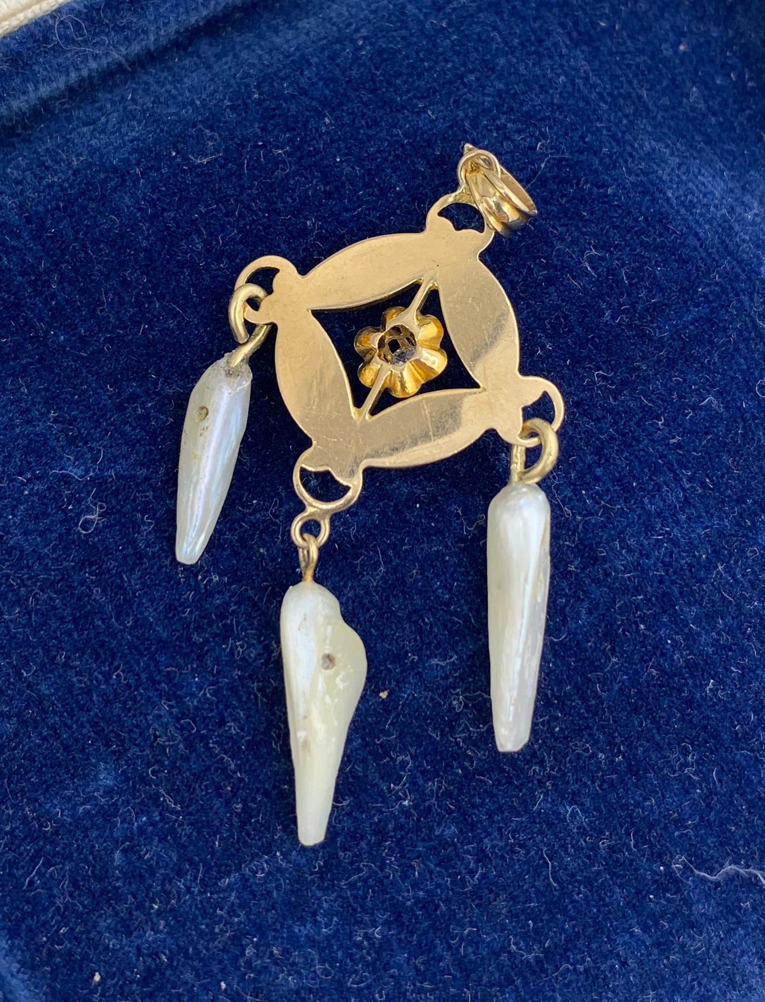Art Deco Old Mine Diamond Enamel Pearl Pendant Lavaliere 14 Karat Gold Necklace For Sale 3