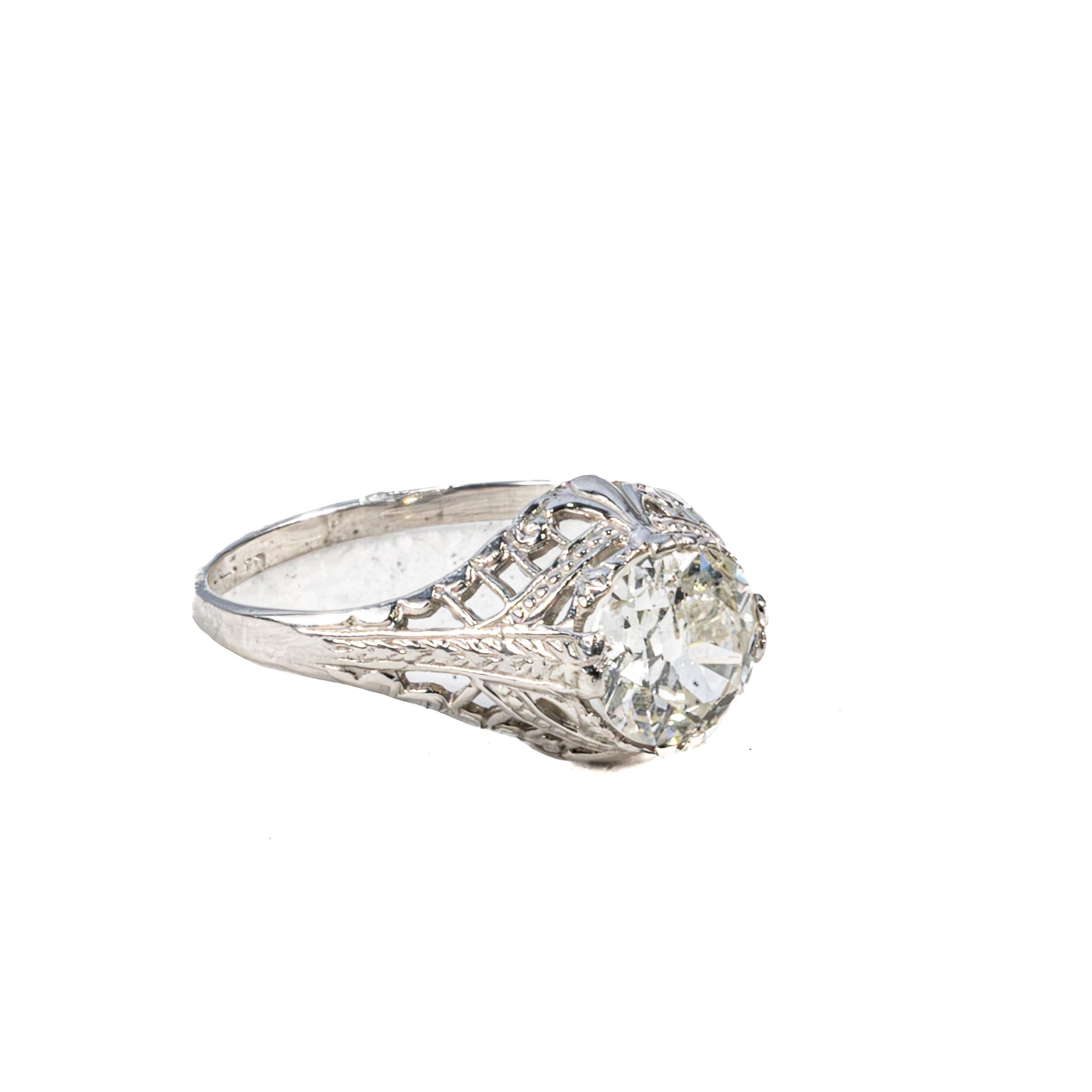 Art Deco Old Mine Diamond Engagement Platinum Ring In Excellent Condition For Sale In New York, NY