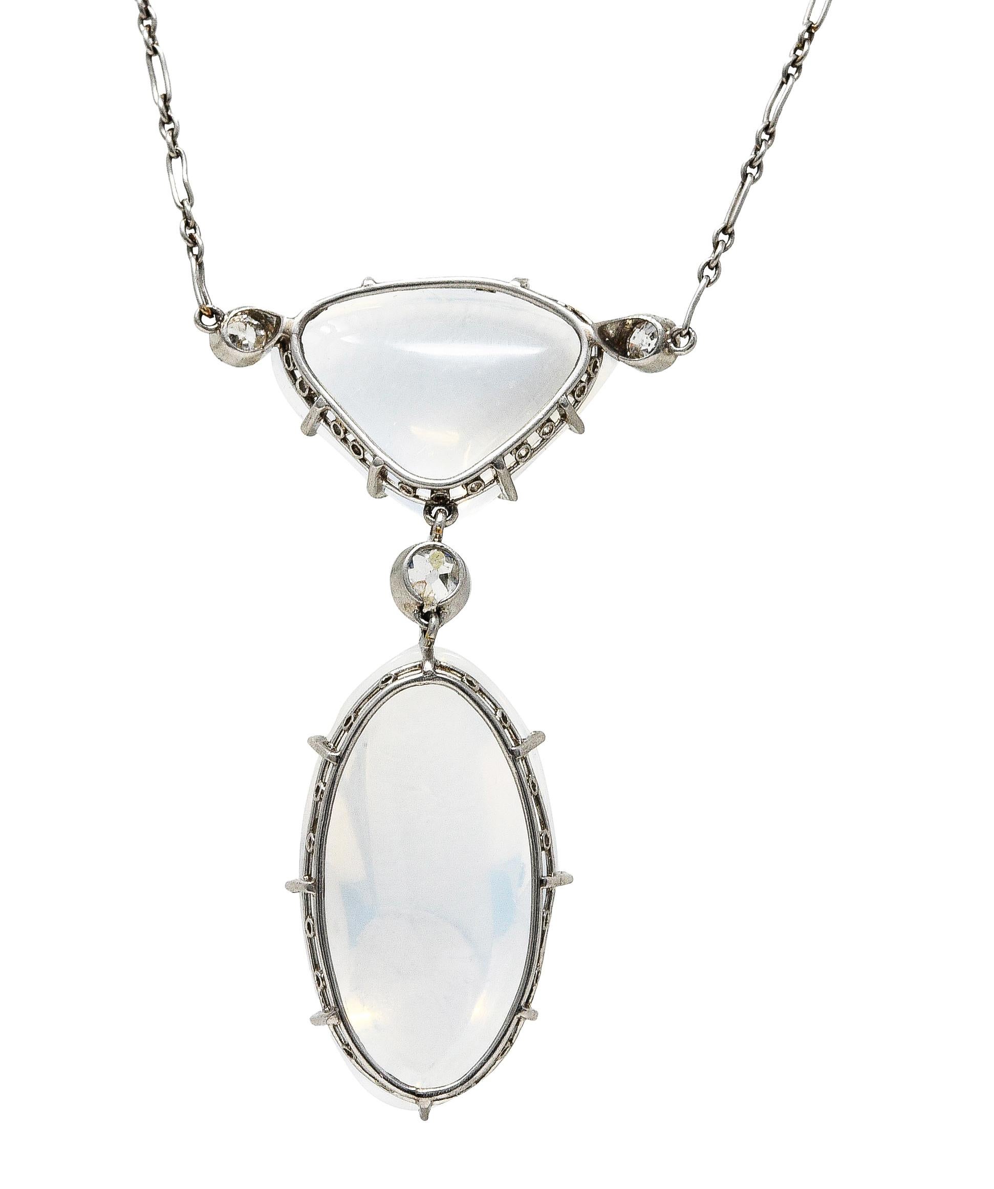 Women's or Men's Art Deco Old Mine Diamond Moonstone Platinum Drop Antique Station Necklace