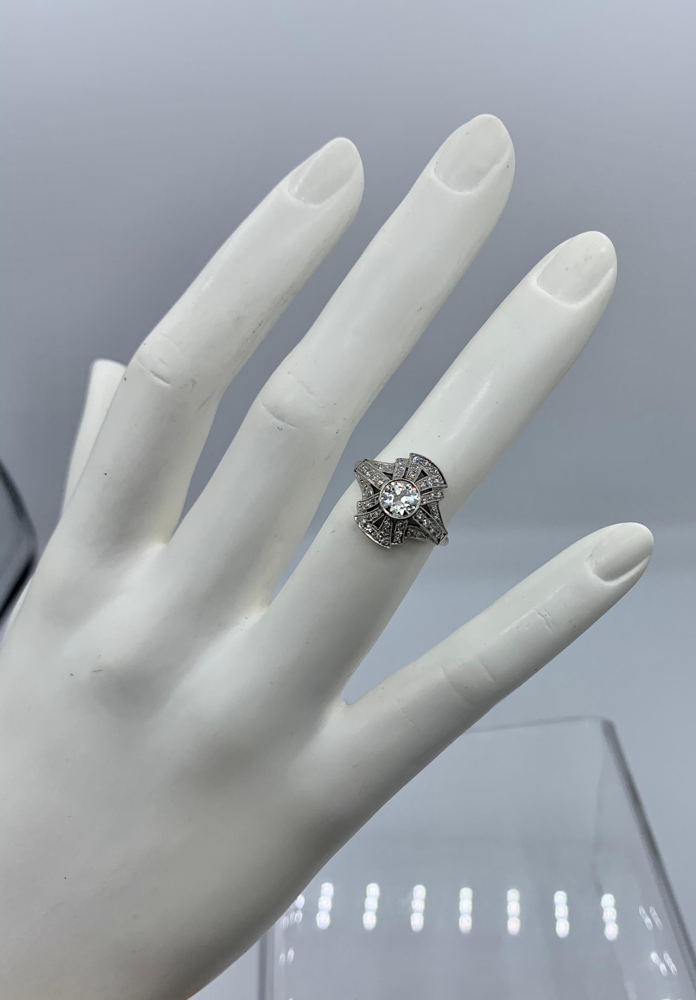 Art Deco Old Mine Diamond Platinum Ring Wedding Engagement Ring Cocktail For Sale 5