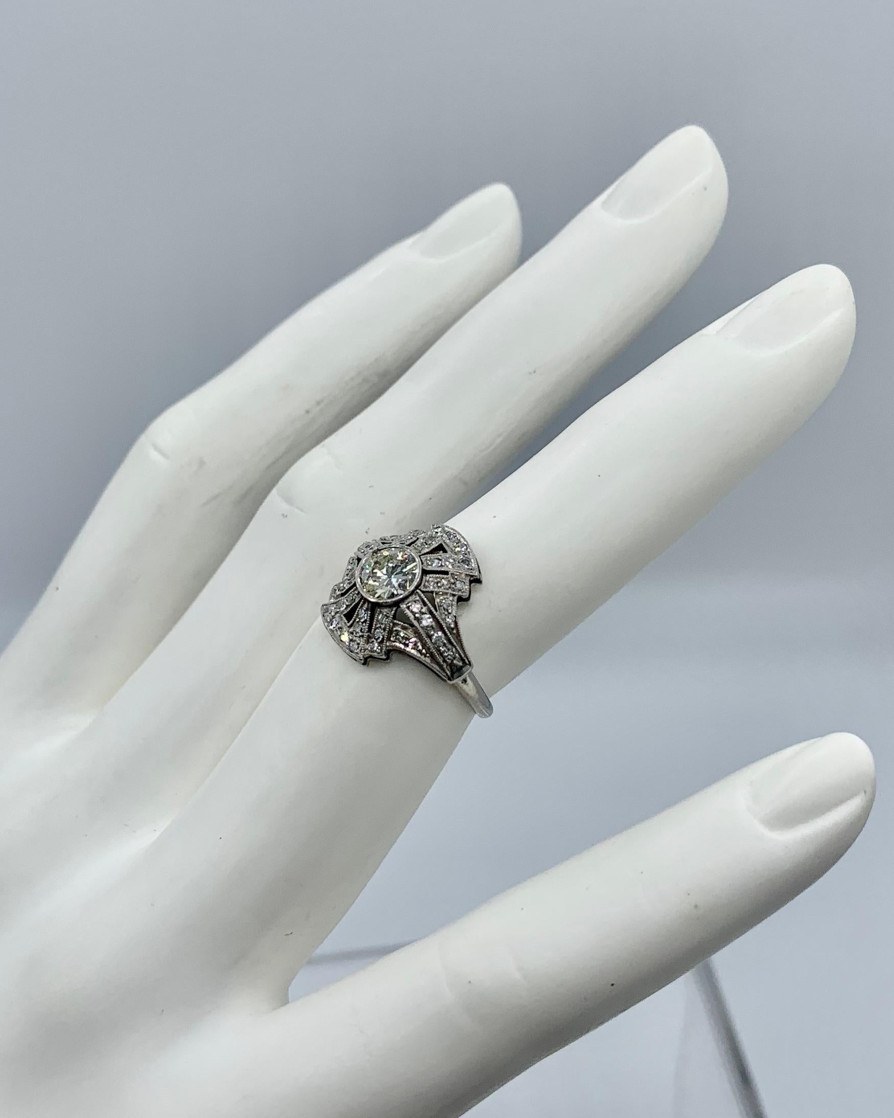 Art Deco Old Mine Diamond Platinum Ring Wedding Engagement Ring Cocktail For Sale 6