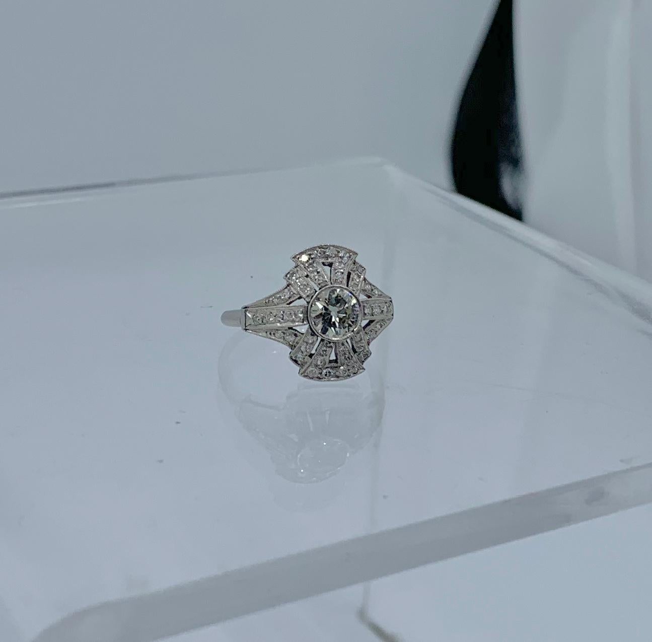 Art Deco Old Mine Diamond Platinum Ring Wedding Engagement Ring Cocktail For Sale 8