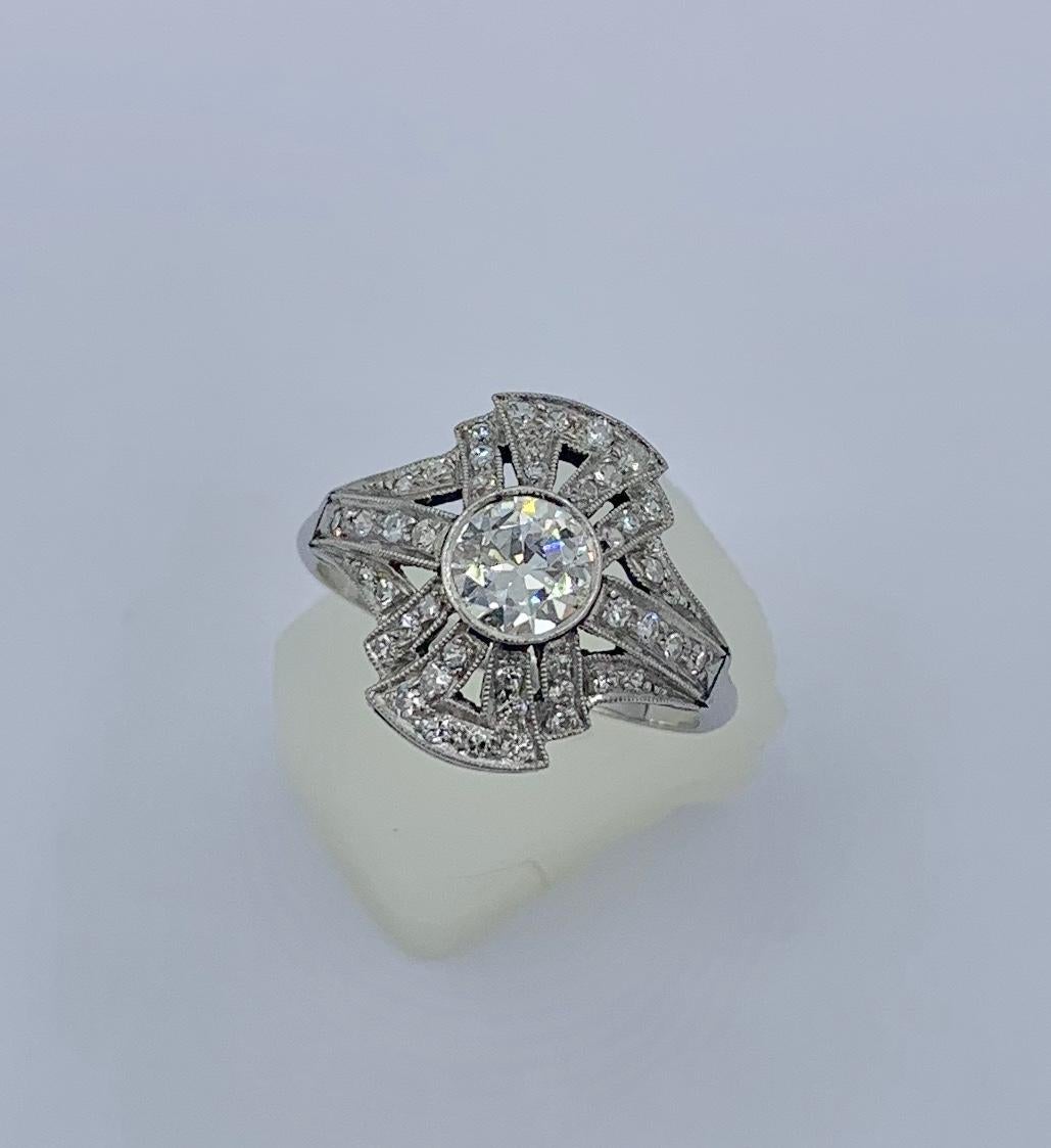 Old Mine Cut Art Deco Old Mine Diamond Platinum Ring Wedding Engagement Ring Cocktail For Sale