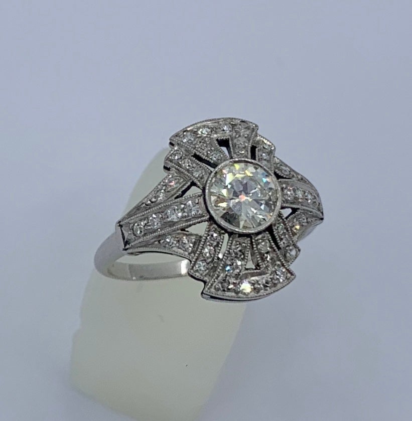 Women's Art Deco Old Mine Diamond Platinum Ring Wedding Engagement Ring Cocktail For Sale