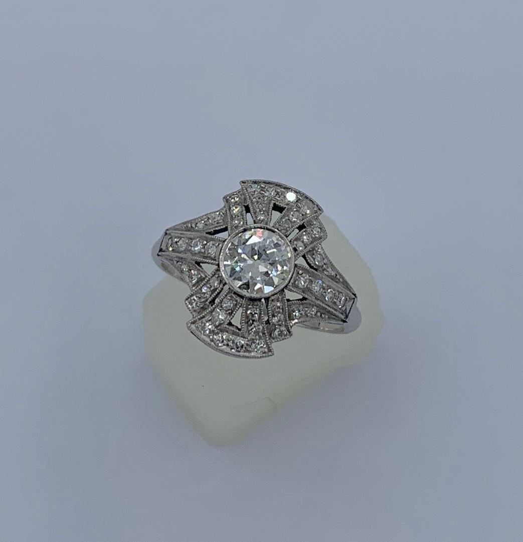 Art Deco Old Mine Diamond Platinum Ring Wedding Engagement Ring Cocktail For Sale 1