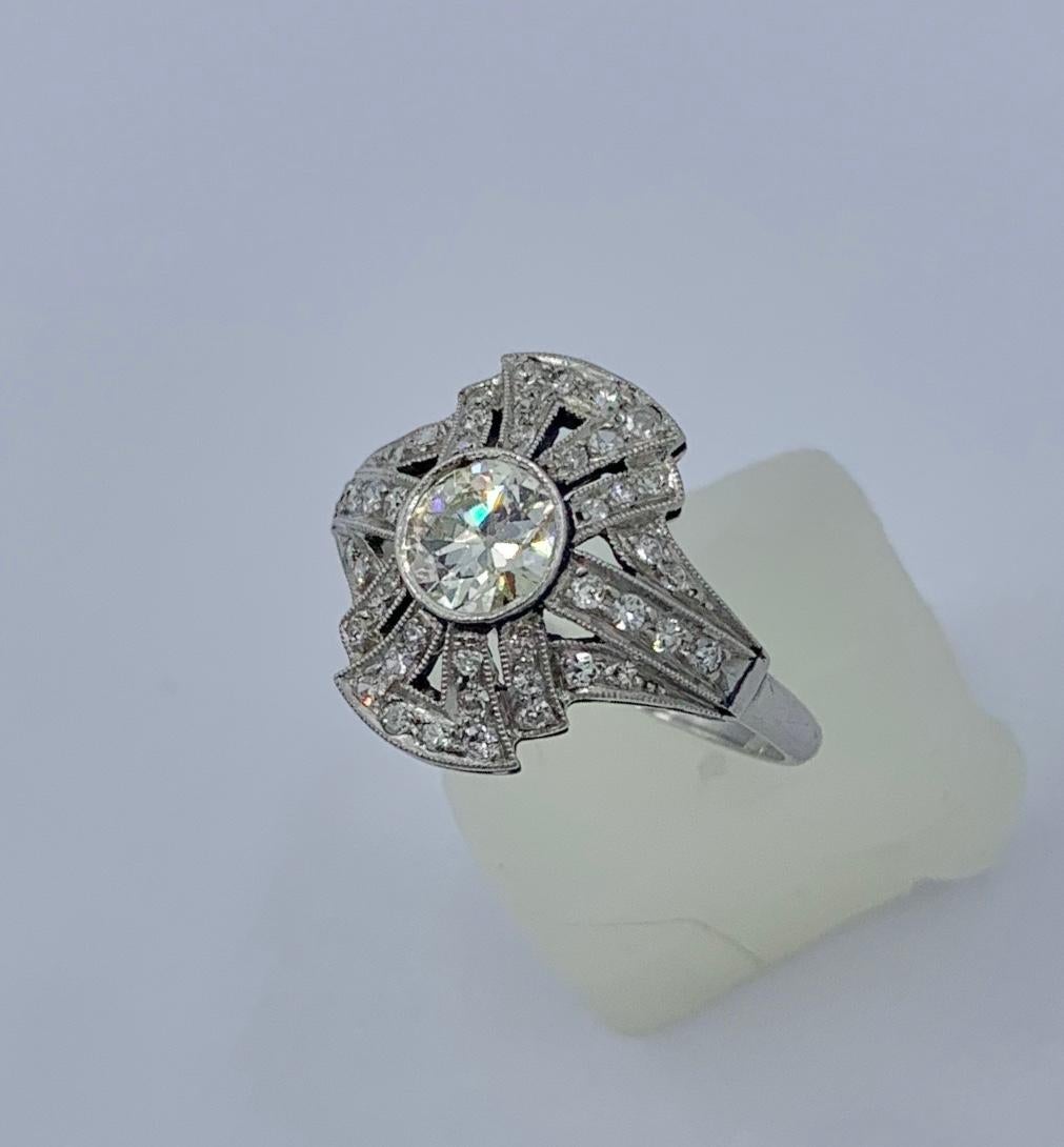 Art Deco Old Mine Diamond Platinum Ring Wedding Engagement Ring Cocktail For Sale 3