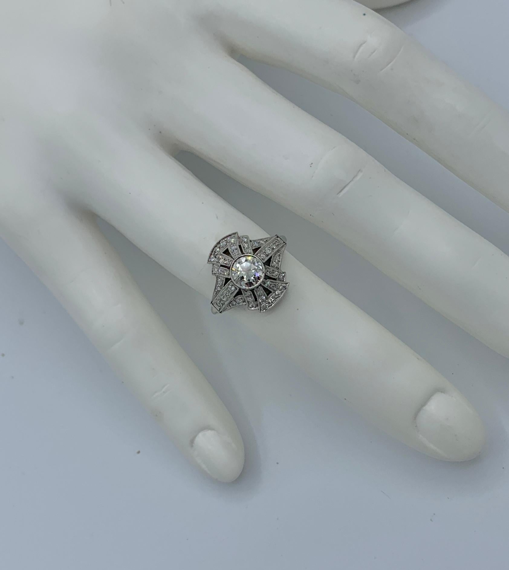 Art Deco Old Mine Diamond Platinum Ring Wedding Engagement Ring Cocktail For Sale 4
