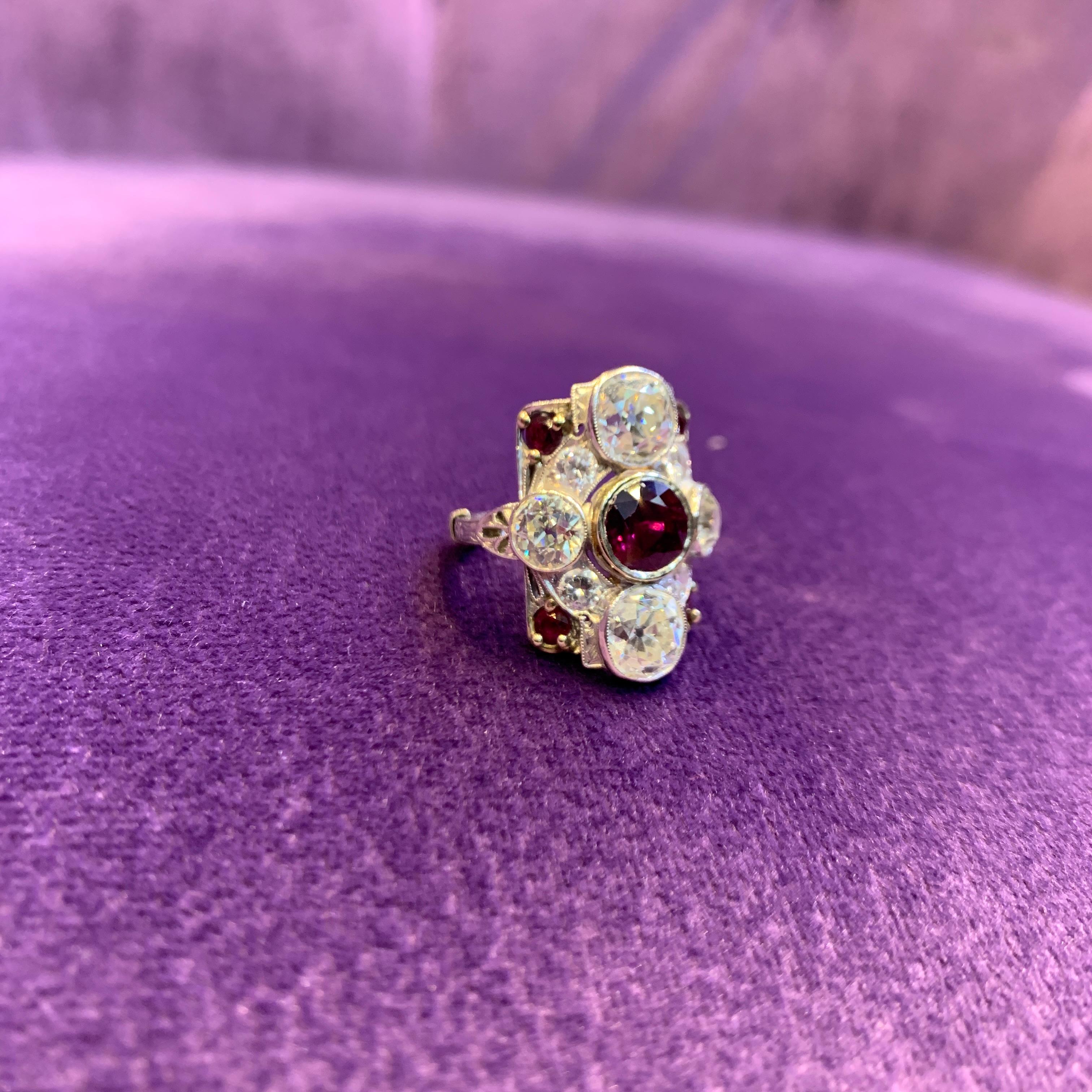 Women's Art Deco Old Mine Diamond & Ruby Ring For Sale