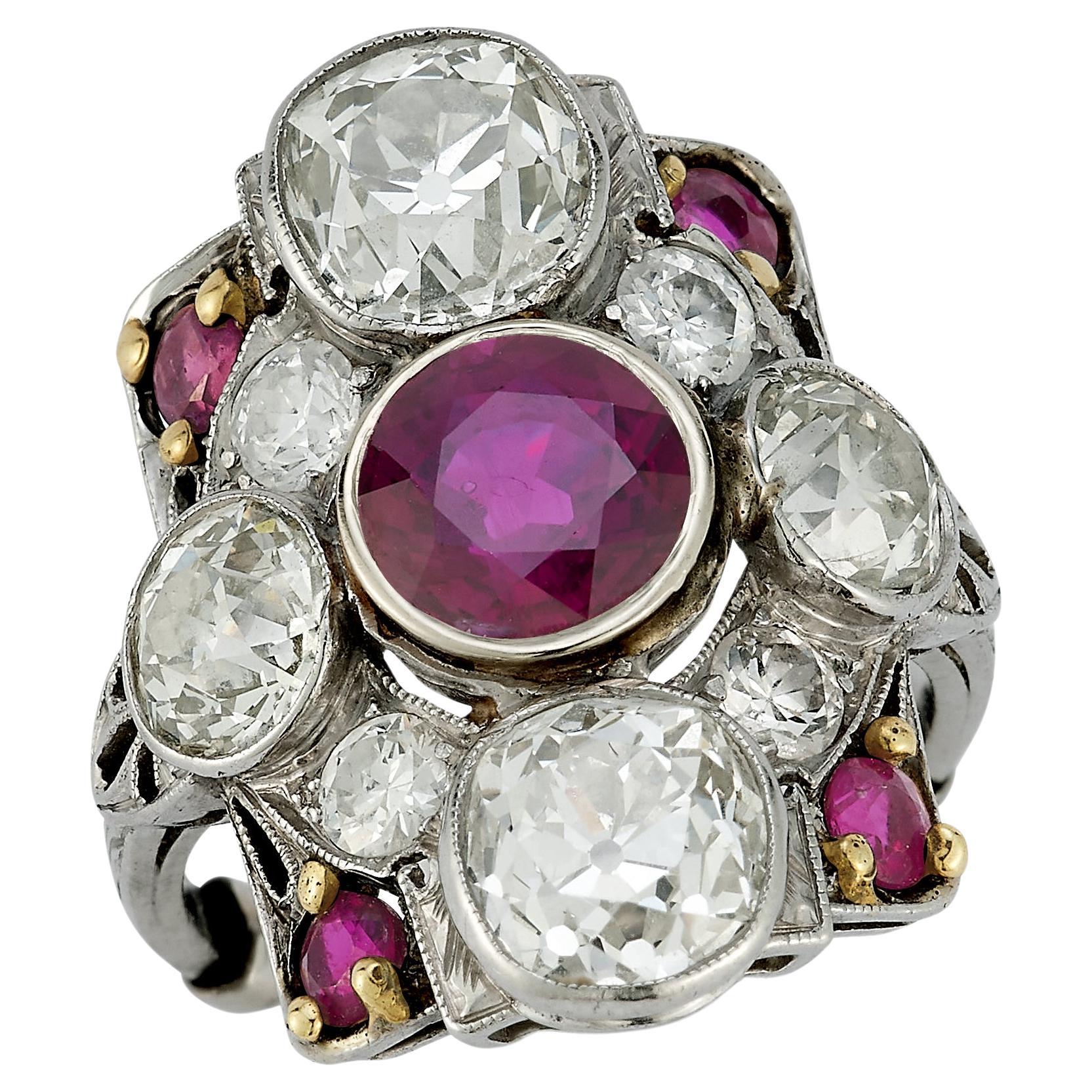 Art Deco Old Mine Diamond & Ruby Ring For Sale