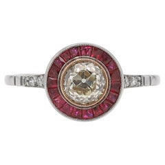 Art Deco Old Mine Diamond & Ruby Target Engagement Ring