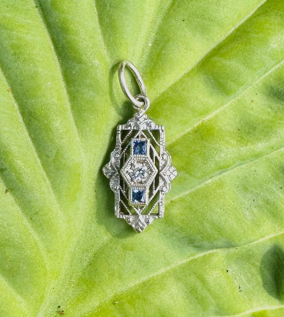 Old Mine Cut Art Deco Old Mine Diamond Sapphire Pendant Necklace Filigree 14K White Gold For Sale