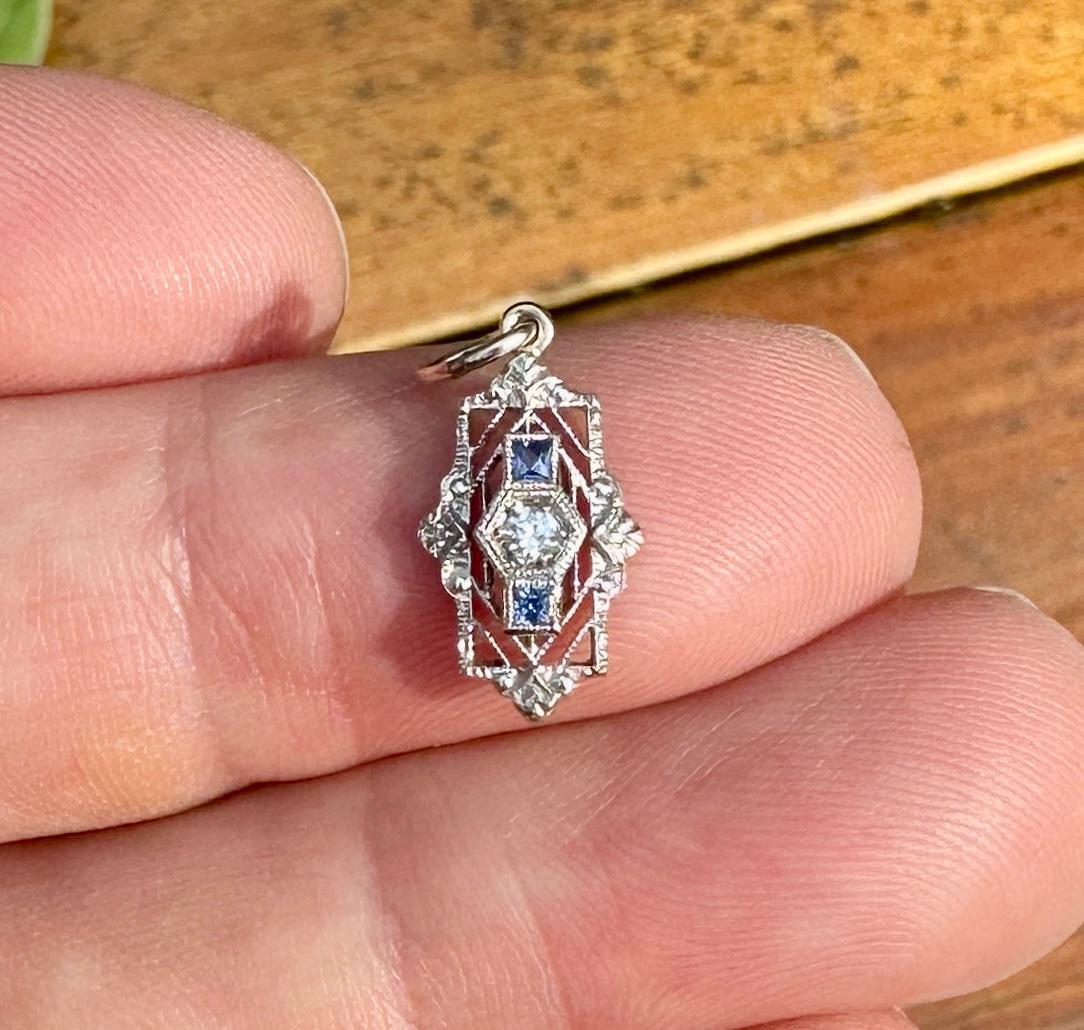 Old Mine Cut Art Deco Old Mine Diamond Sapphire Pendant Necklace Filigree 14K White Gold For Sale