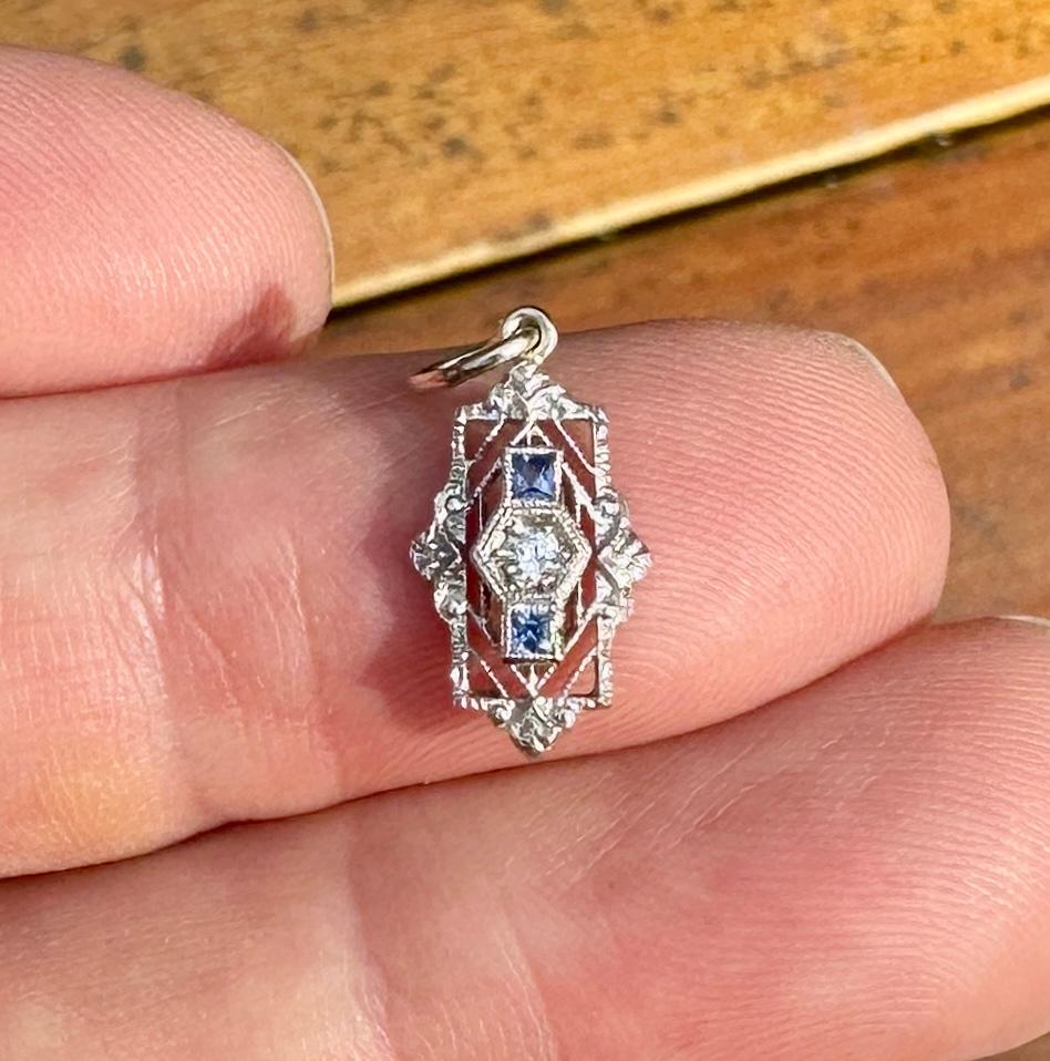 Women's Art Deco Old Mine Diamond Sapphire Pendant Necklace Filigree 14K White Gold For Sale
