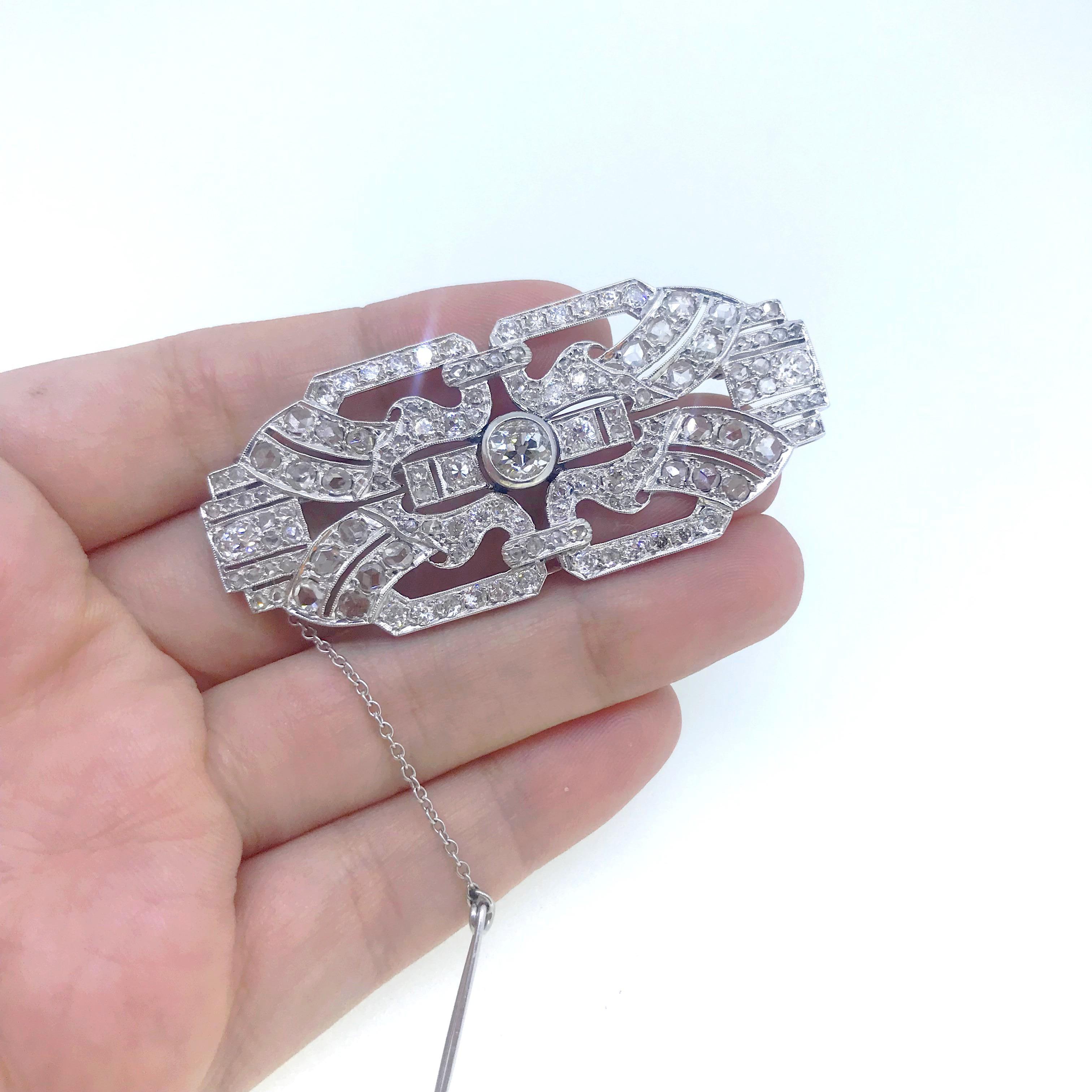 Art Deco Old Mine Rose Cut Diamond Platinum Brooch 4
