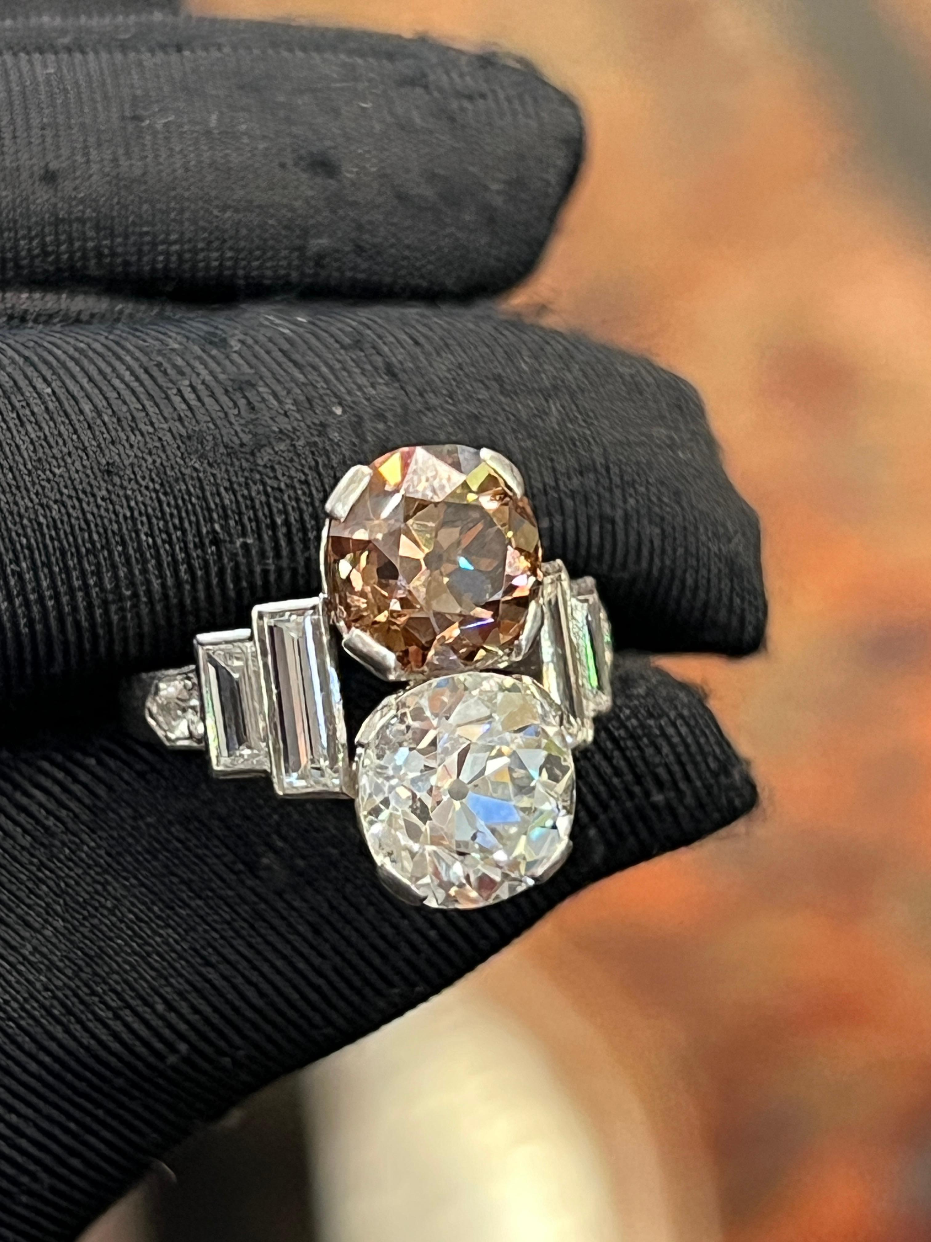 Mixed Cut Art Deco Old Mine White & Champagne Diamond You and Me Ring For Sale