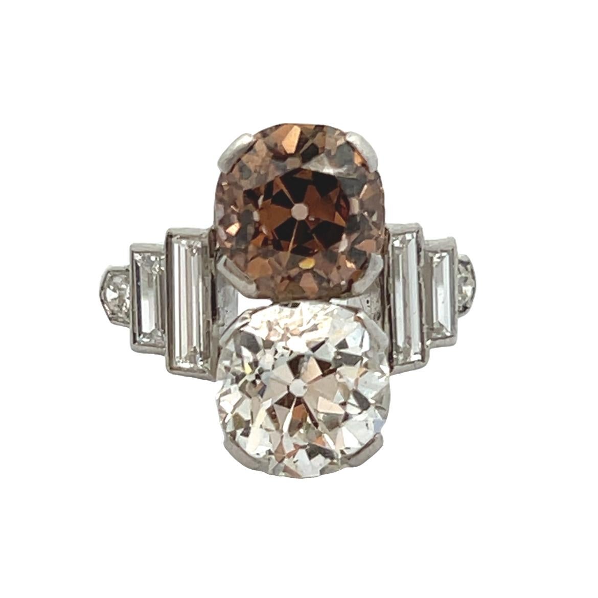 Art Deco Old Mine White & Champagne Diamond You and Me Ring In Excellent Condition For Sale In New York, NY