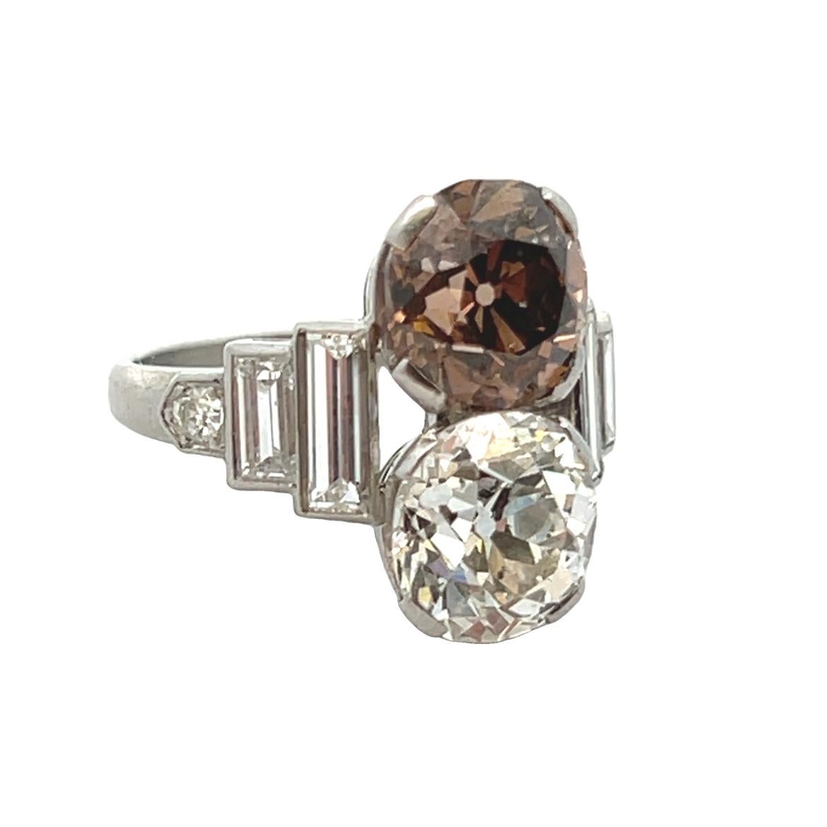 Women's Art Deco Old Mine White & Champagne Diamond You and Me Ring For Sale