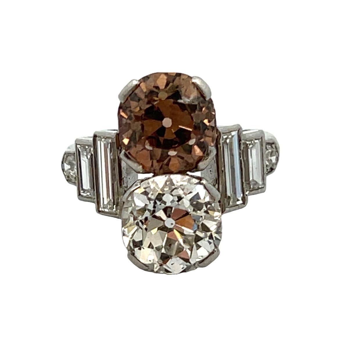 Art Deco Old Mine White & Champagne Diamond You and Me Ring For Sale 1