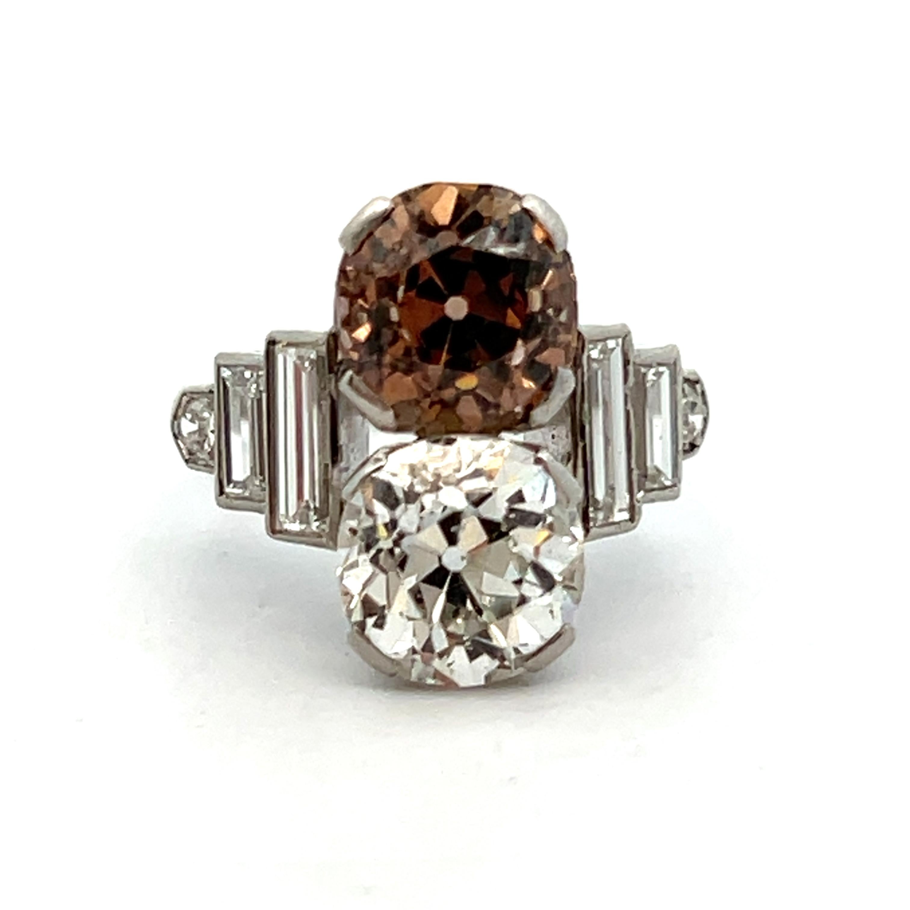 Art Deco Old Mine White & Champagne Diamond You and Me Ring For Sale 3