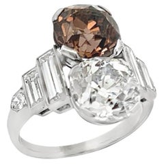Anello Art Deco Old Mine con diamante bianco e champagne Tu ed io