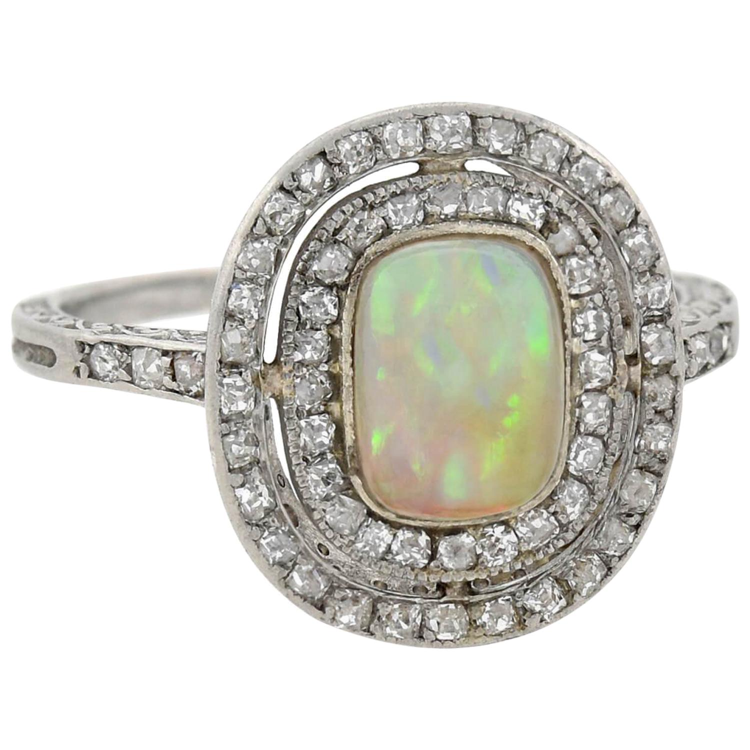 Art Deco Old Rose Cut Diamond and Opal Ring