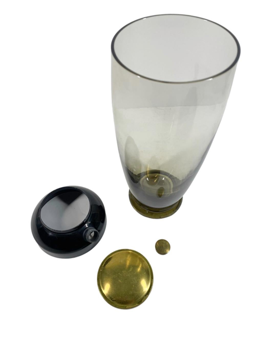 American Art Deco Olive Green Footed Glass Cocktail Shaker w/Black Enamel and Brass Lid For Sale
