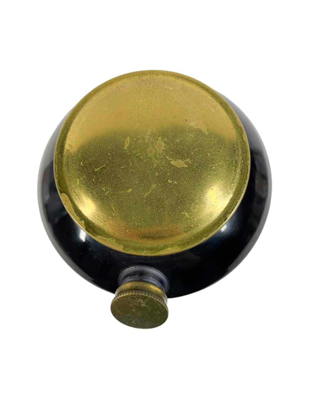 20th Century Art Deco Olive Green Footed Glass Cocktail Shaker w/Black Enamel and Brass Lid For Sale