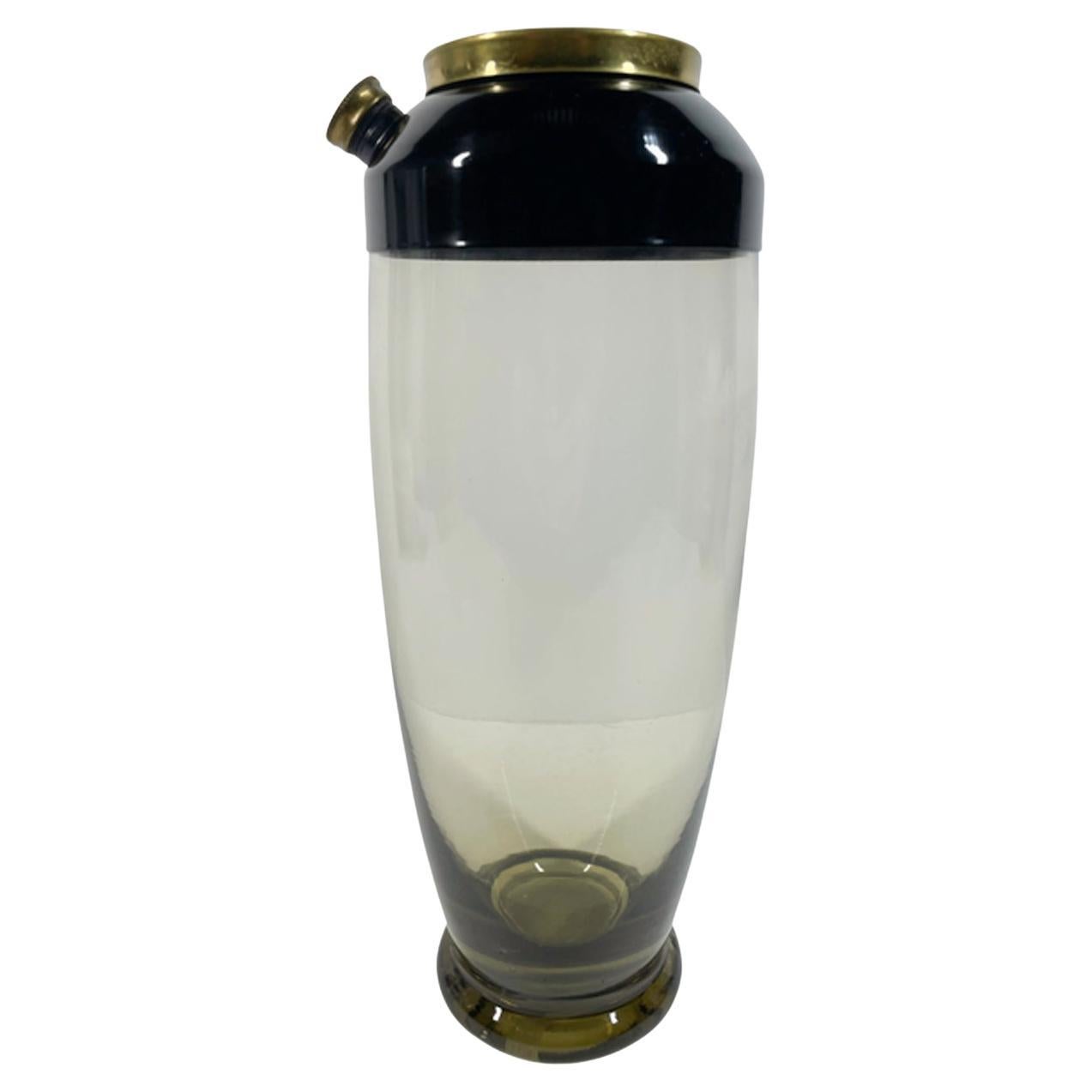 Art Deco Olive Green Footed Glass Cocktail Shaker w/Black Enamel and Brass Lid For Sale