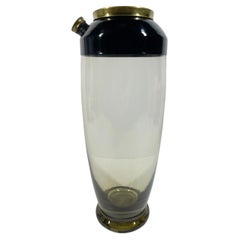 Antique Art Deco Olive Green Footed Glass Cocktail Shaker w/Black Enamel and Brass Lid