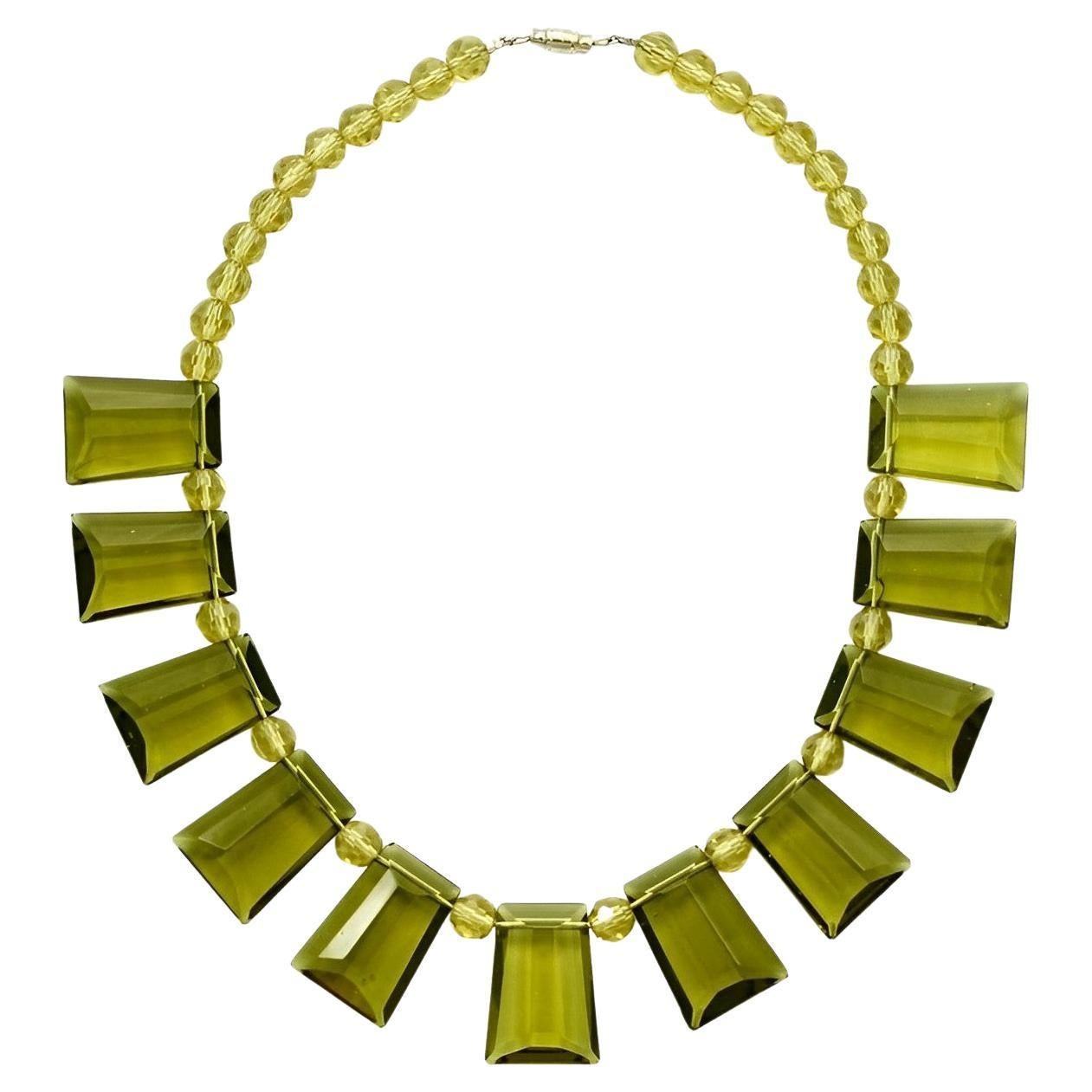 Art Deco Olive Green Glass Fringe Necklace Collar For Sale