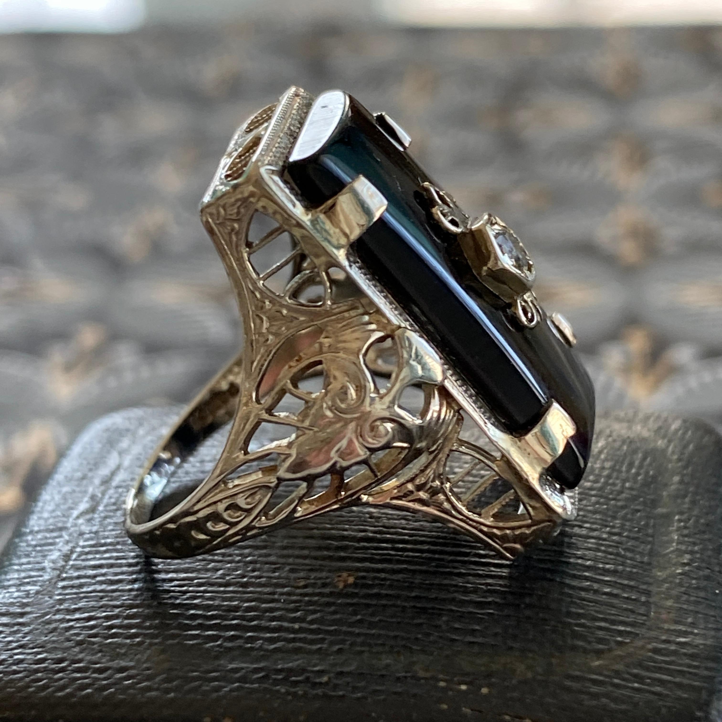 Art Deco Onyx 14k White Gold Filigree Ring For Sale 5