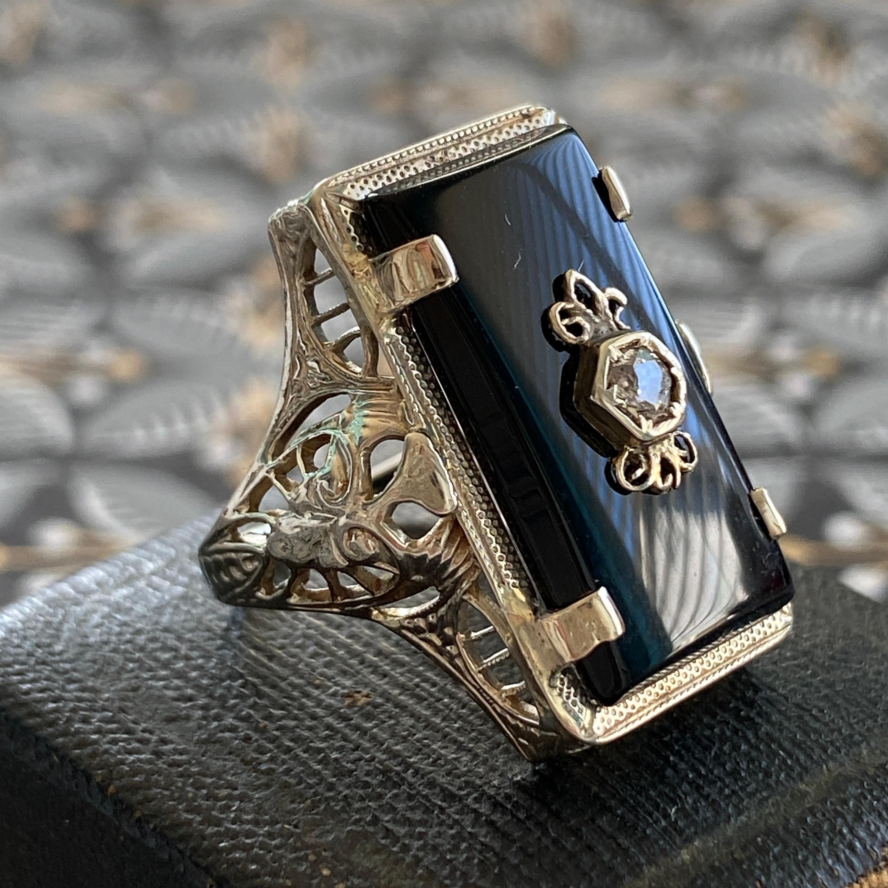 Art Deco Onyx 14k White Gold Filigree Ring For Sale 6