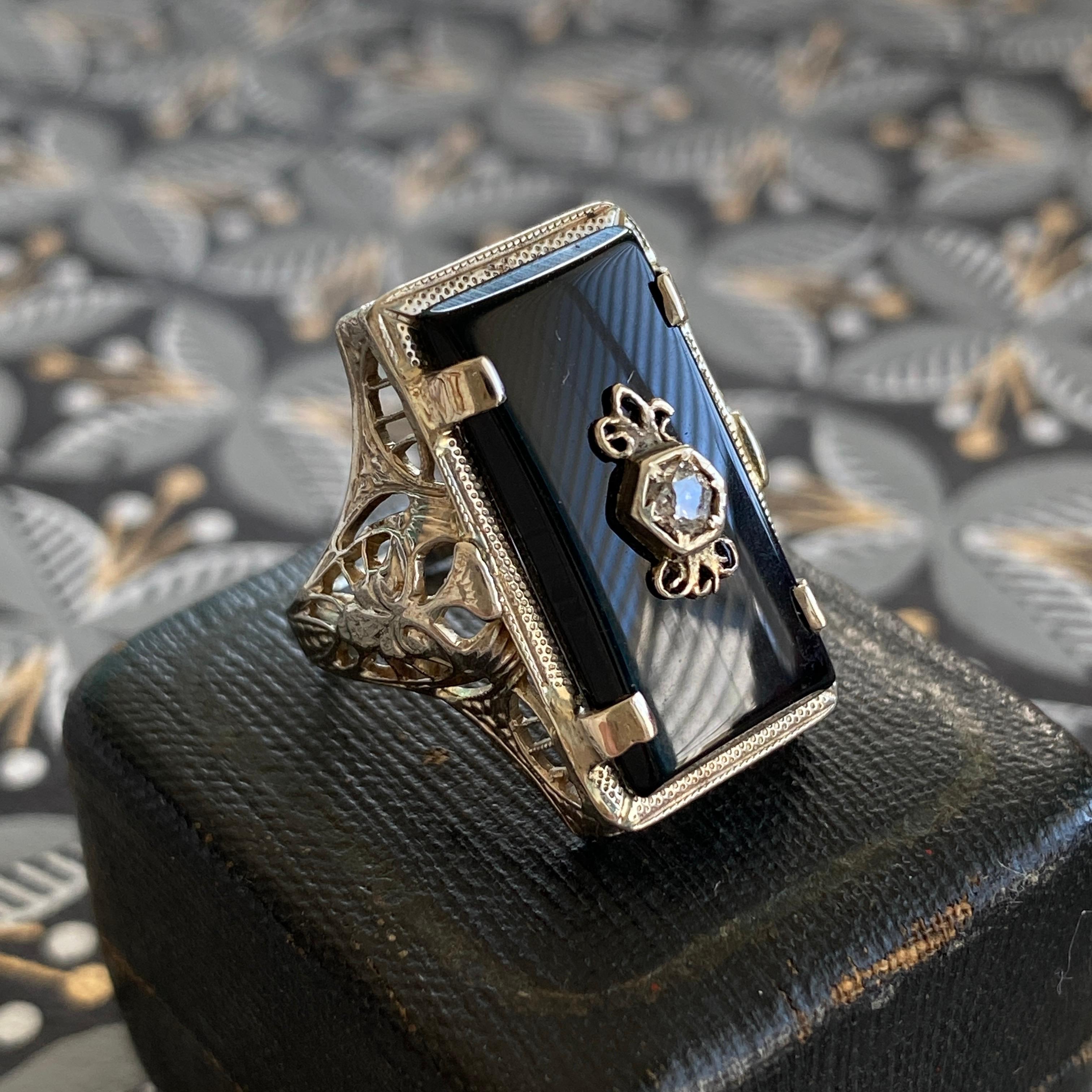 Rose Cut Art Deco Onyx 14k White Gold Filigree Ring For Sale