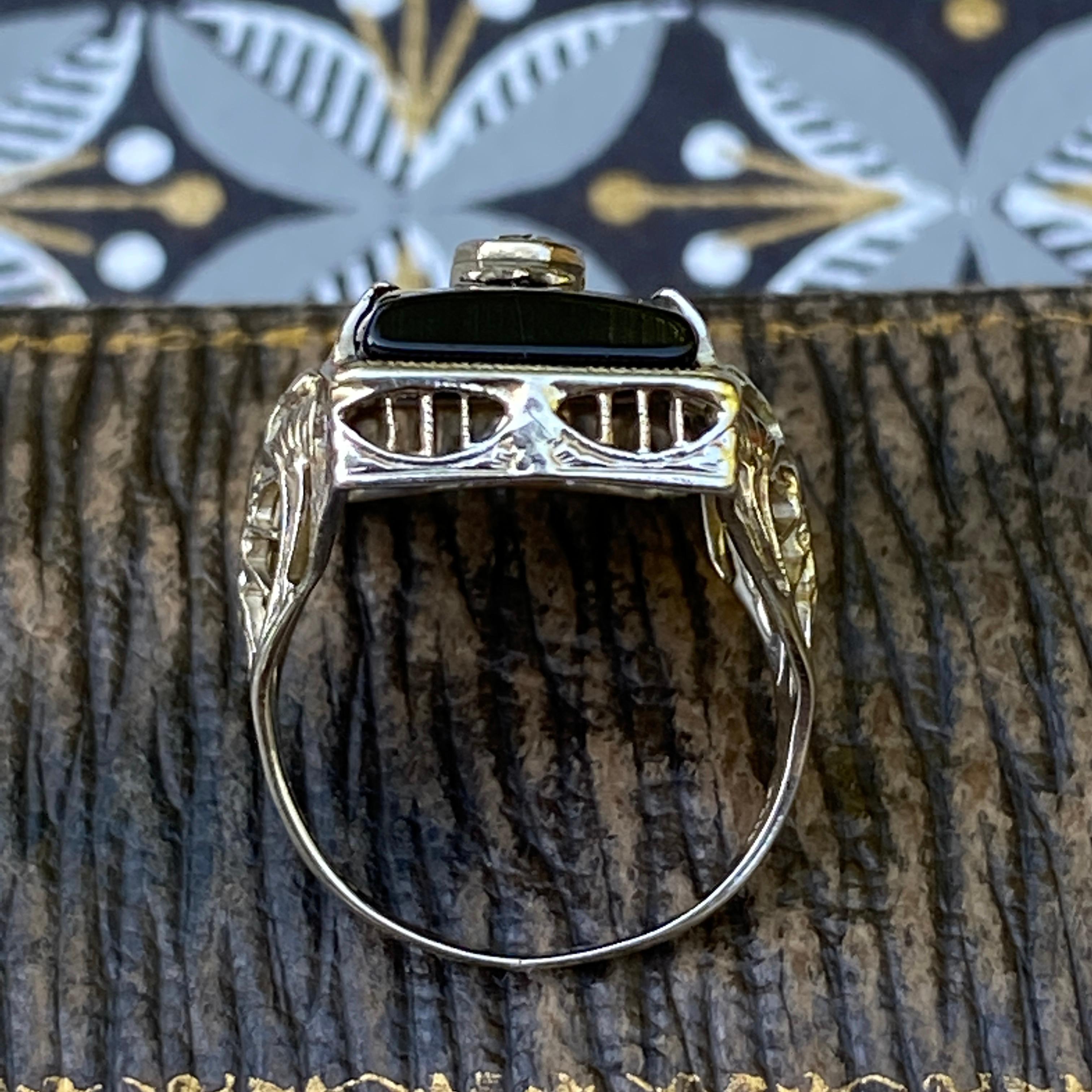 Art Deco Onyx 14k White Gold Filigree Ring For Sale 2