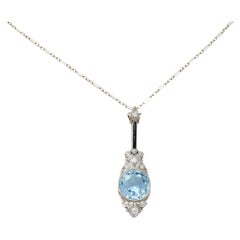 Vintage Art Deco Onyx 5.20 Carats Diamond Aquamarine Platinum Pendant Necklace
