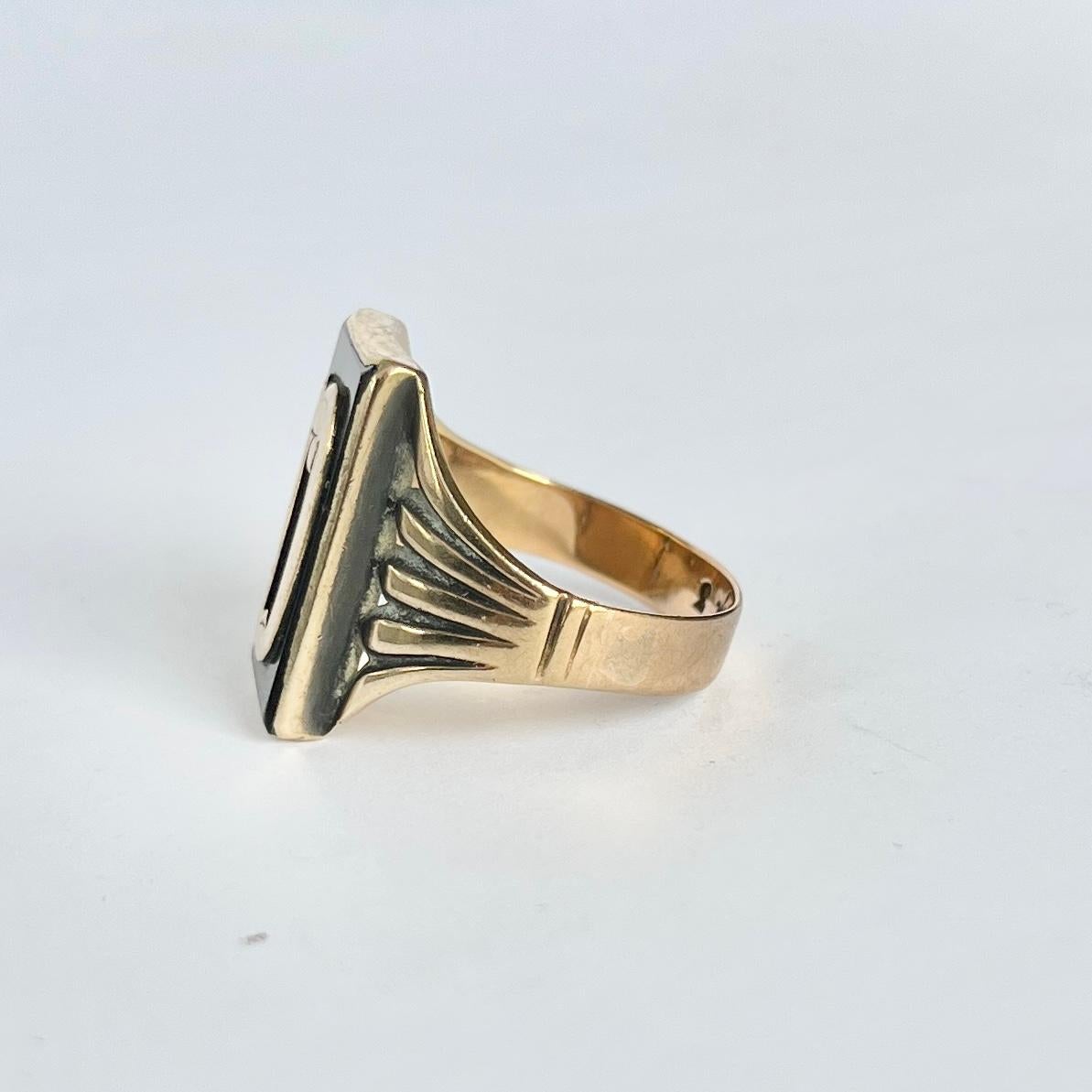 Women's or Men's Art Deco Onyx and 9 Carat Gold Initial Ring For Sale